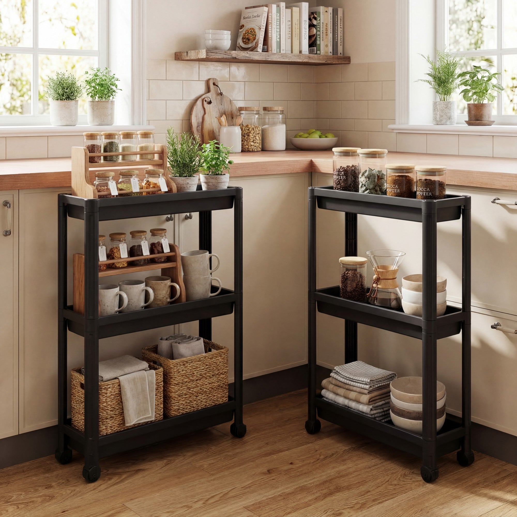 ELLEGNT 2 PCS Black 3-Tier Slim Rolling Storage Cart with Wheels, Detachable for Kitchen Organization Black