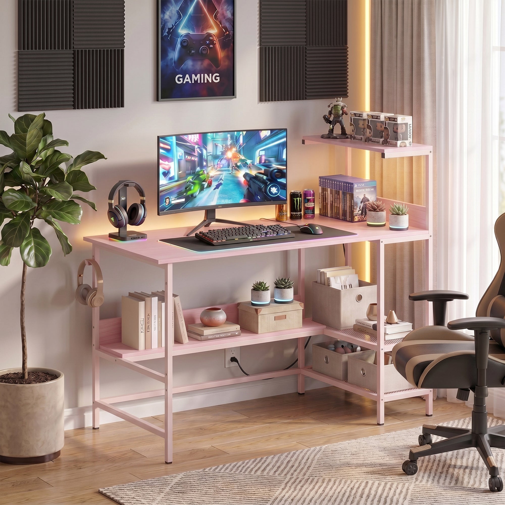 ELLEGNT Gaming Computer Desk with Headphone Hook and Power Outlets-48 in, Storage Shelves Included, Pink