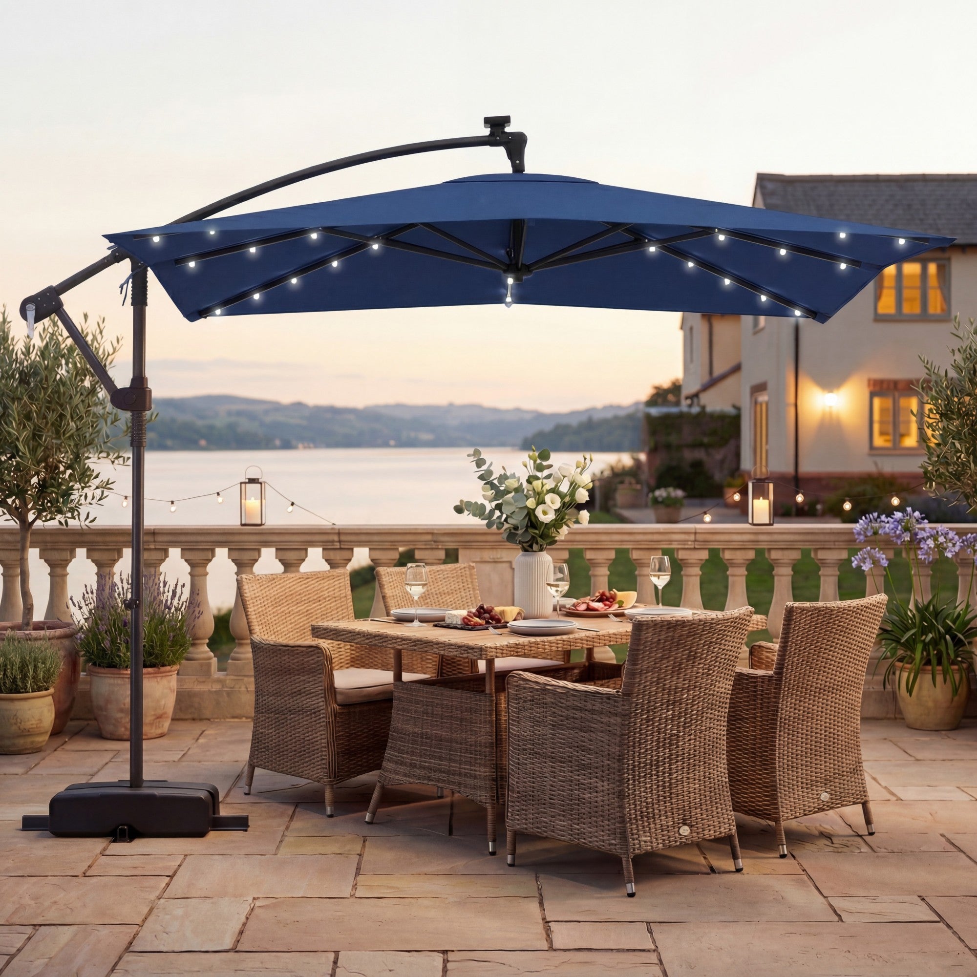 ELLEGNT 8 x 8 FT  Solar LED Cantilever Umbrella-Square Offset Hanging Patio Umbrella for Outdoor, Navy