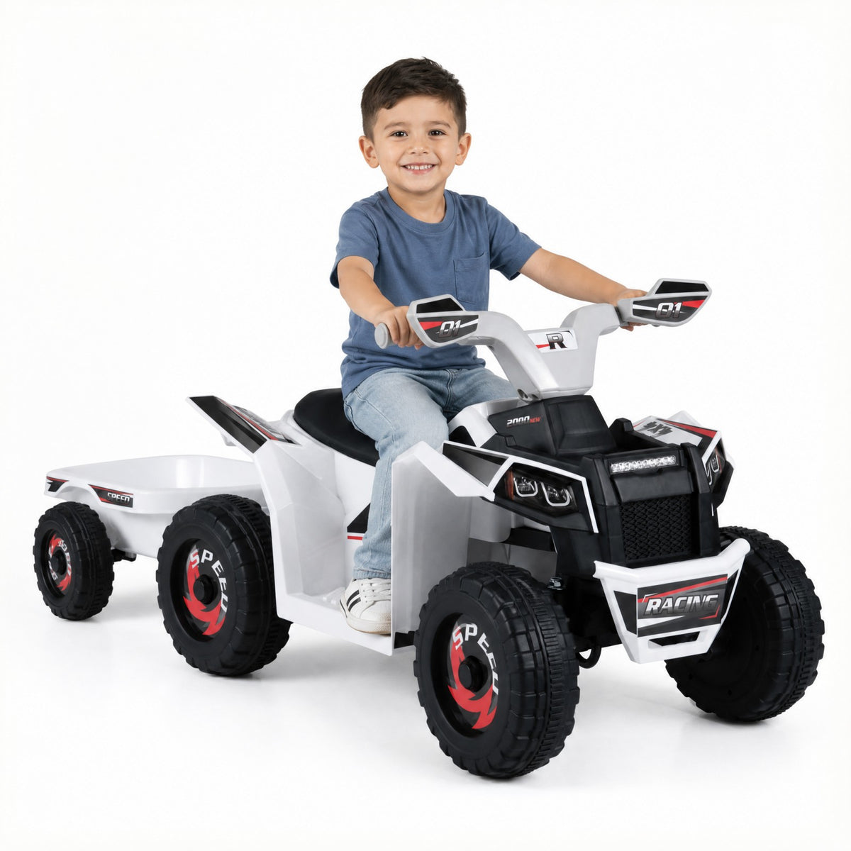 ELLEGNT 6V Kids Electric ATV Quad with Detachable Trailer and Wear-Resistant Wheels for Ages 3+, White