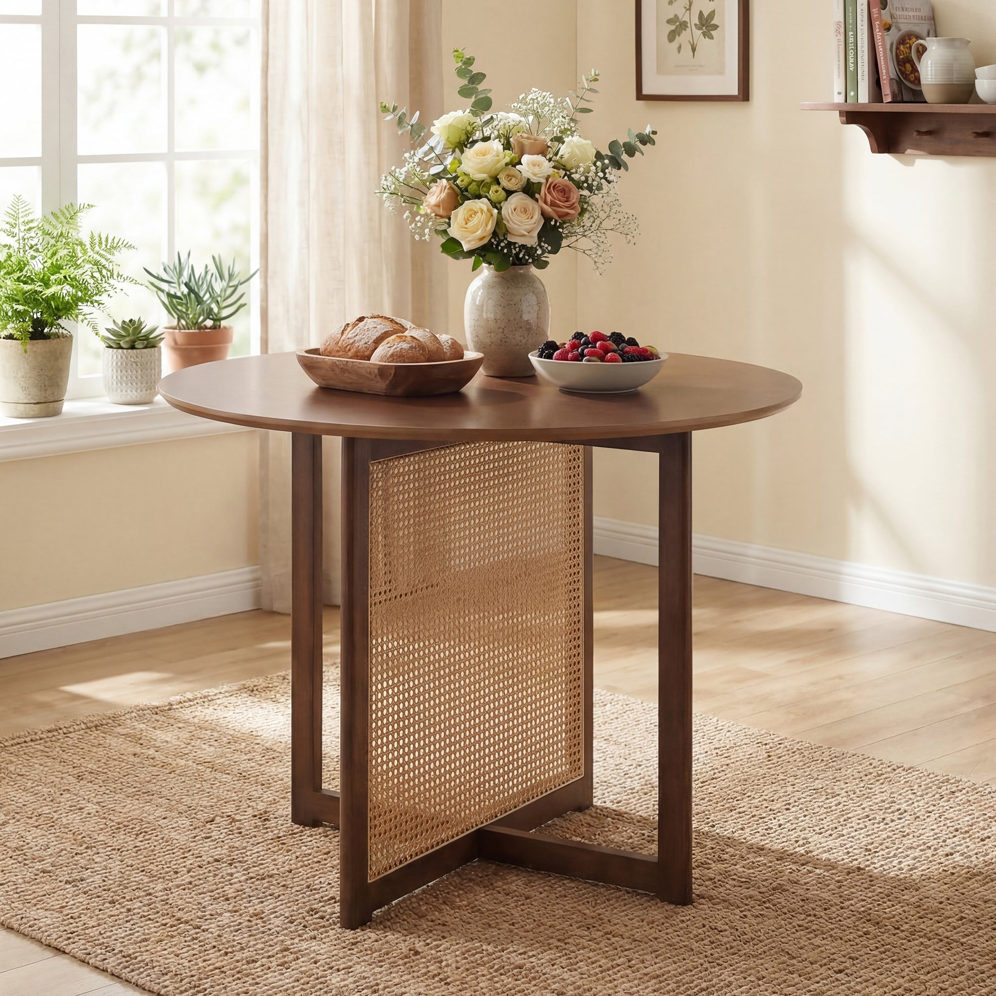 ELLEGNT Cross Pedestal Base Round Dining Table with PE Rattan Accents for Dining Room