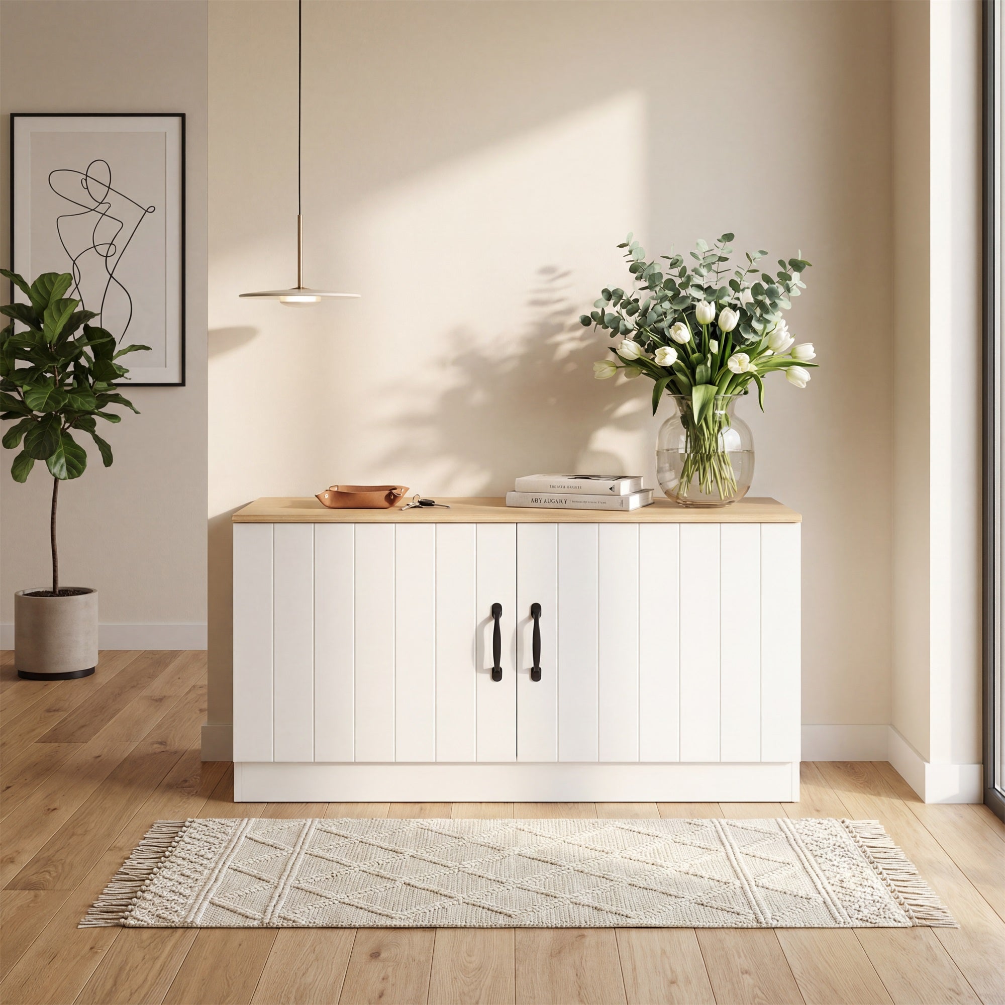 ELLEGNT Shoe Bench with 2 Doors and Adjustable Shelves-Hidden Storage for Hallway or Mudroom, Natural+White