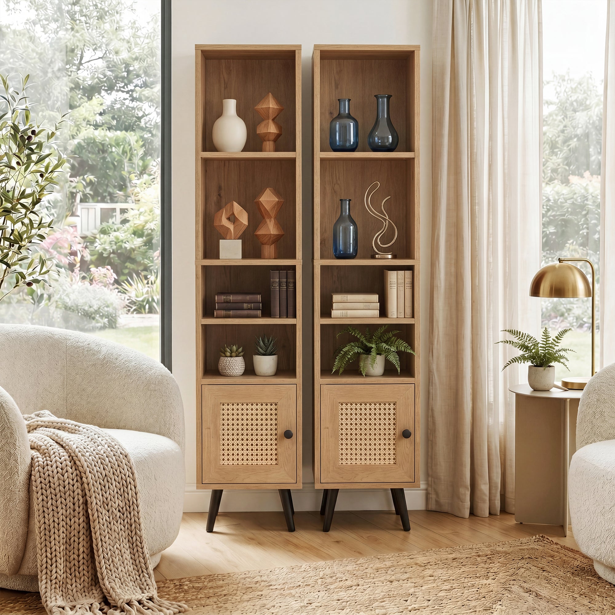 ELLEGNT 2 PCS 6?Tier Storage Cabinet-54 Inch Tall Narrow Bookcase with Adjustable Shelf, Natural