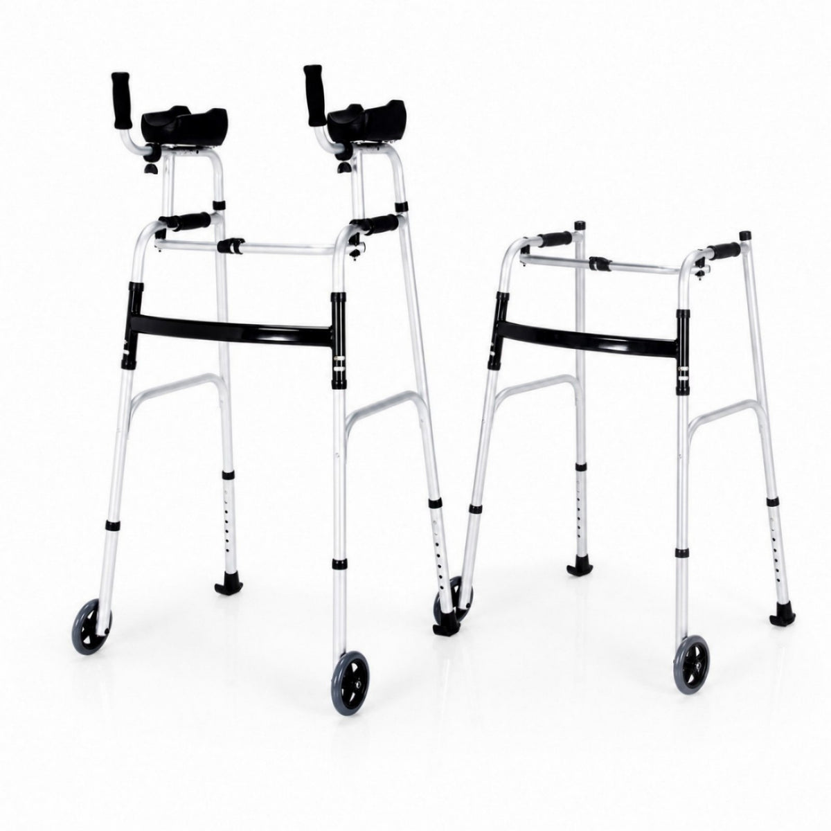ELLEGNT Foldable Standard Walker with Padded Armrests, Adjustable Stand-Up Aid Walker with 2 Front Wheels, Lightweight Aluminum Walking Frame for Indoor & Outdoor, Silver