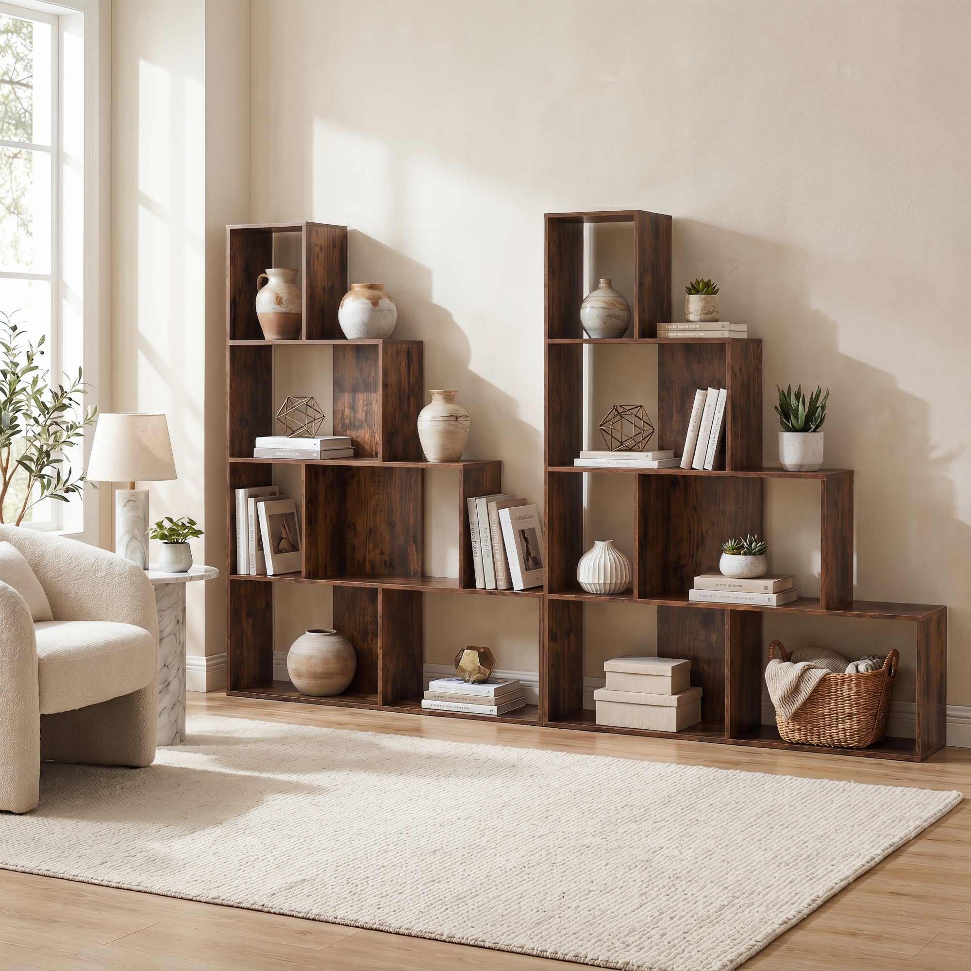 ELLEGNT 2 PCS 4?Tier Stepped Bookshelf-64 in Tall, 6 Cubes, Anti?Tipping Kits, Rustic Brown