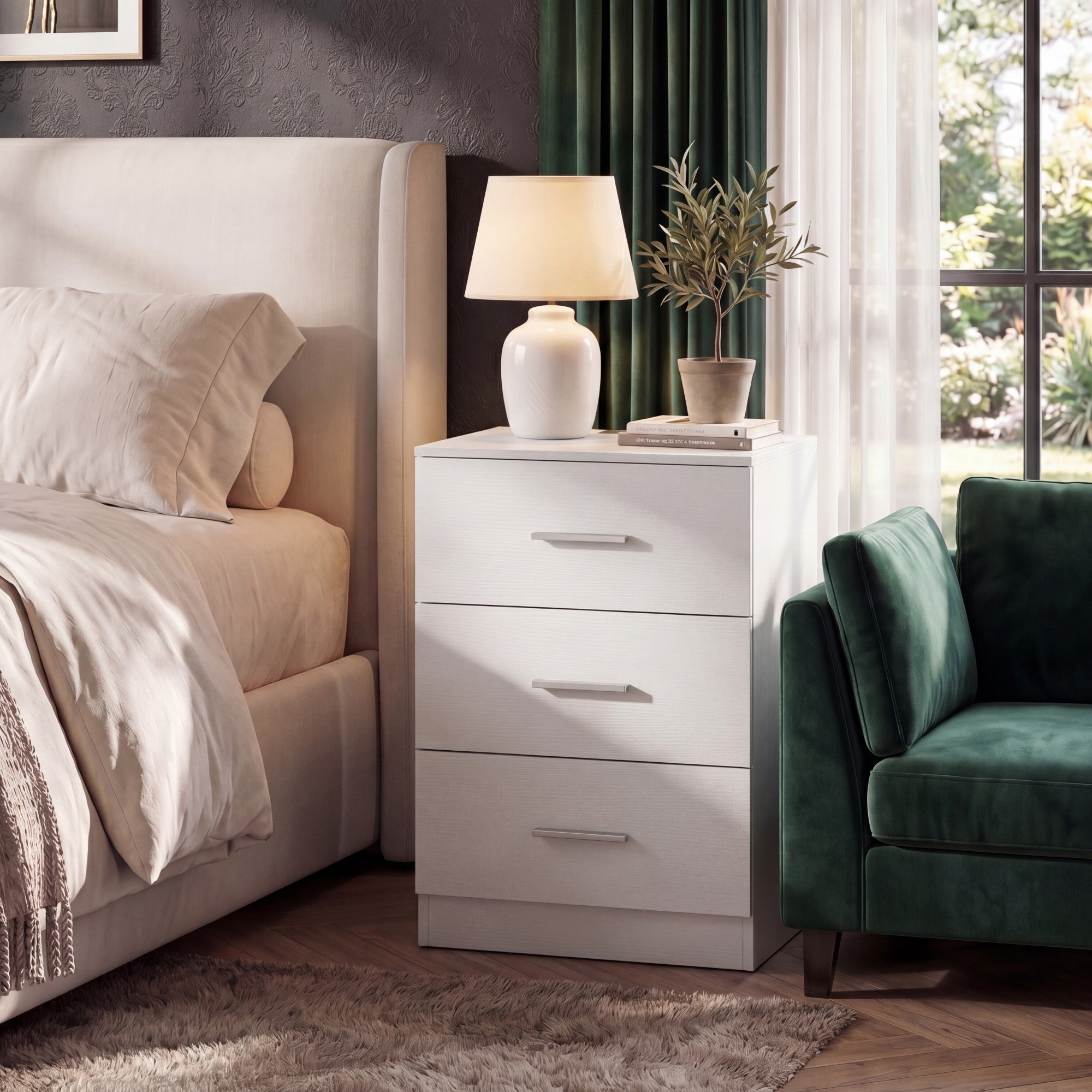 ELLEGNT 1 PCS Bedroom Nightstand with Charging Ports-3 Drawer Storage Side Table for Living Room or Guest Room, White