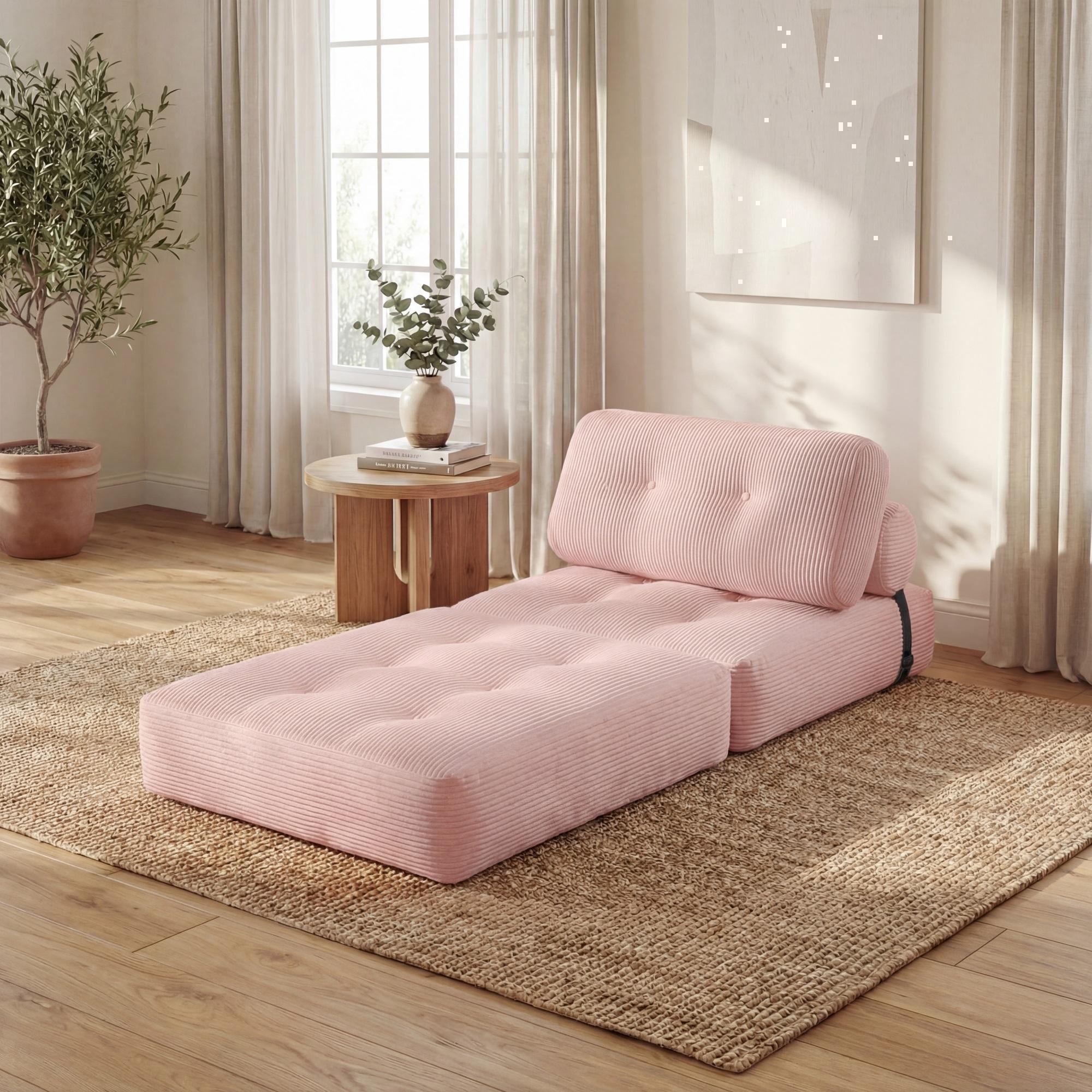 ELLEGNT Convertible Sleeper Chair-Folding Sofa Bed, Corduroy Cover, Pillow Back Support for Living Room or Guest Room , Pink
