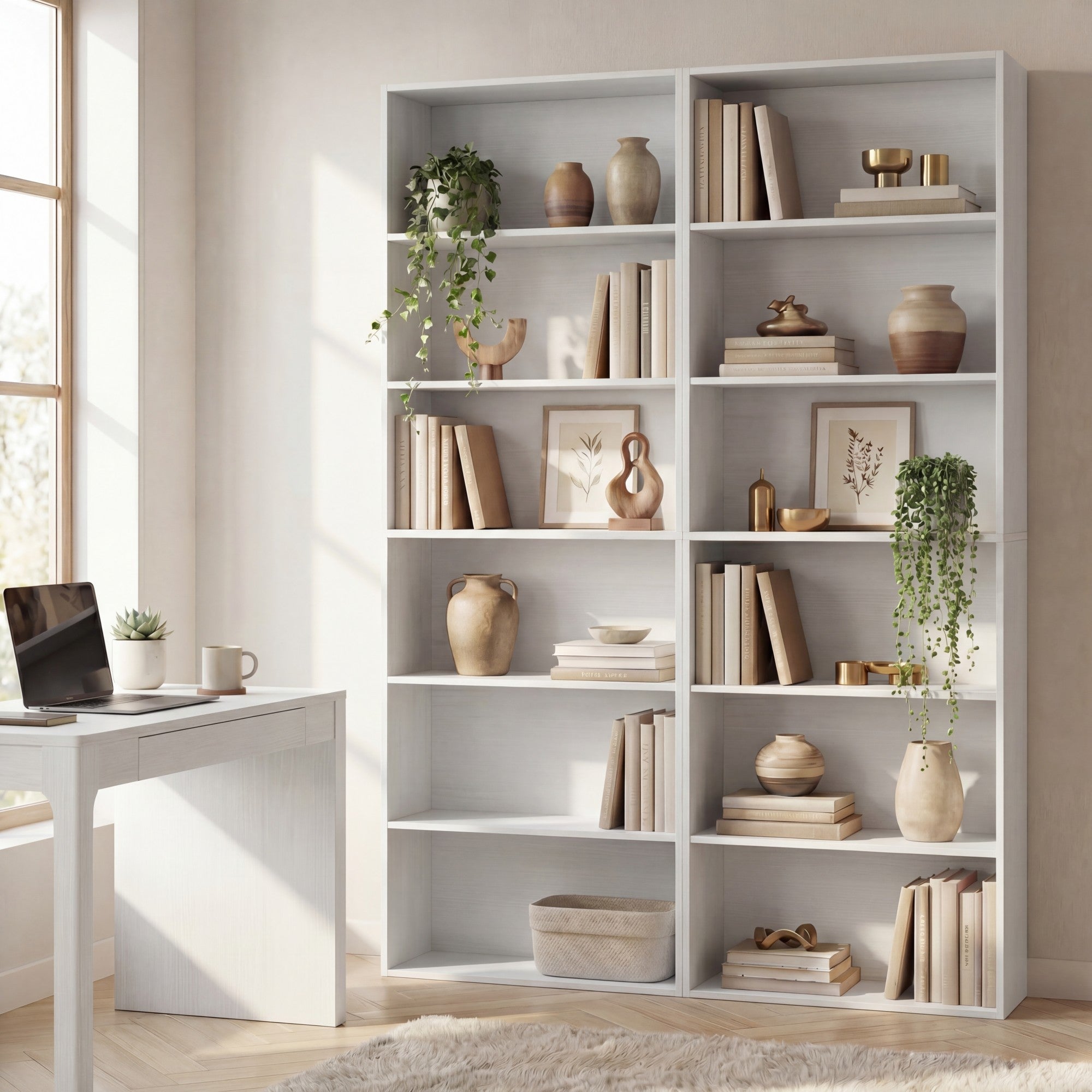 ELLEGNT 2 PCS 6-Tier Open Shelves Bookshelf with Anti-Tipping Kits- Storage Rack for Living Room, Bedroom, Study, White