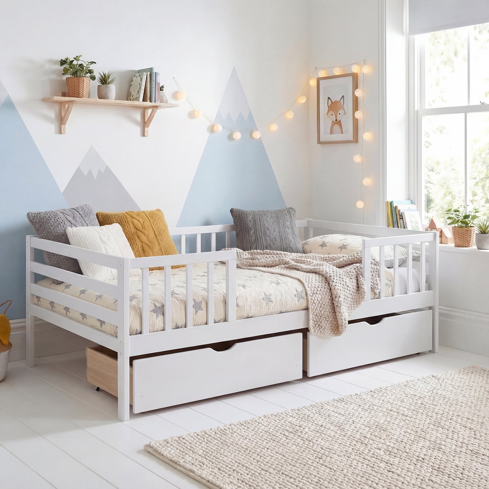ELLEGNT Full Size Daybed with Fence and 2 Drawers-Bed Frame, Slats Support, Railings, for Bedroom or Daycare White