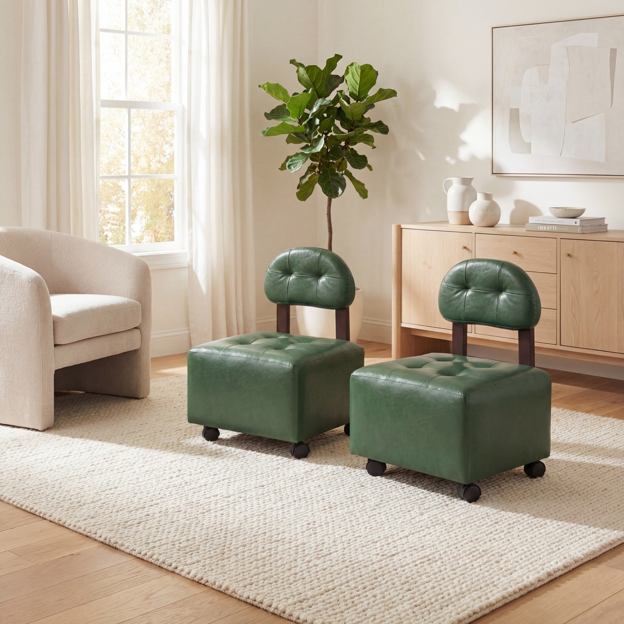 ELLEGNT 2 PCS Stackable Ottomans-Upholstered, with Backrest and Lockable Wheels, 330 LBS, for Bedroom and Living Room