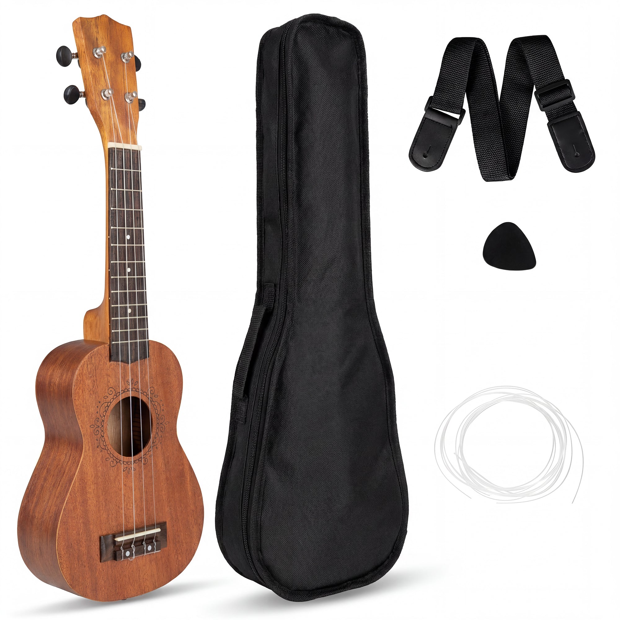 ELLEGNT Mahogany Soprano Ukulele-21 in Wooden Instrument Set with Gig Bag, Pick and Adjustable Strap, Natural