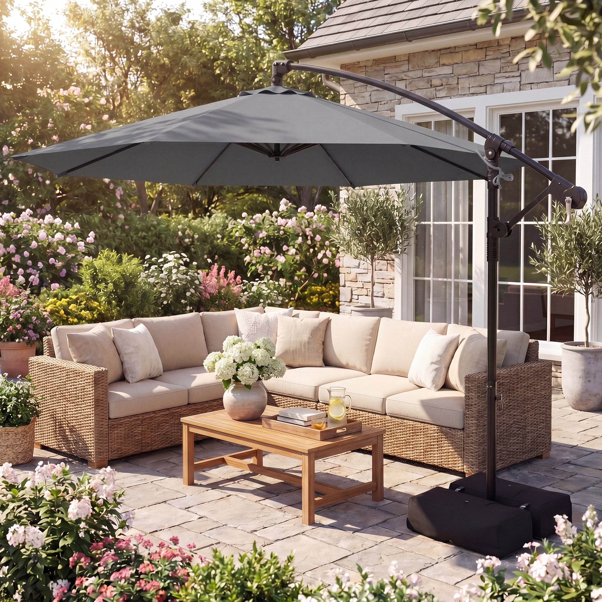 ELLEGNT 10 FT Offset Cantilever Umbrella-Hanging Patio Umbrella with Base, 360¡ã Swivel, Gray