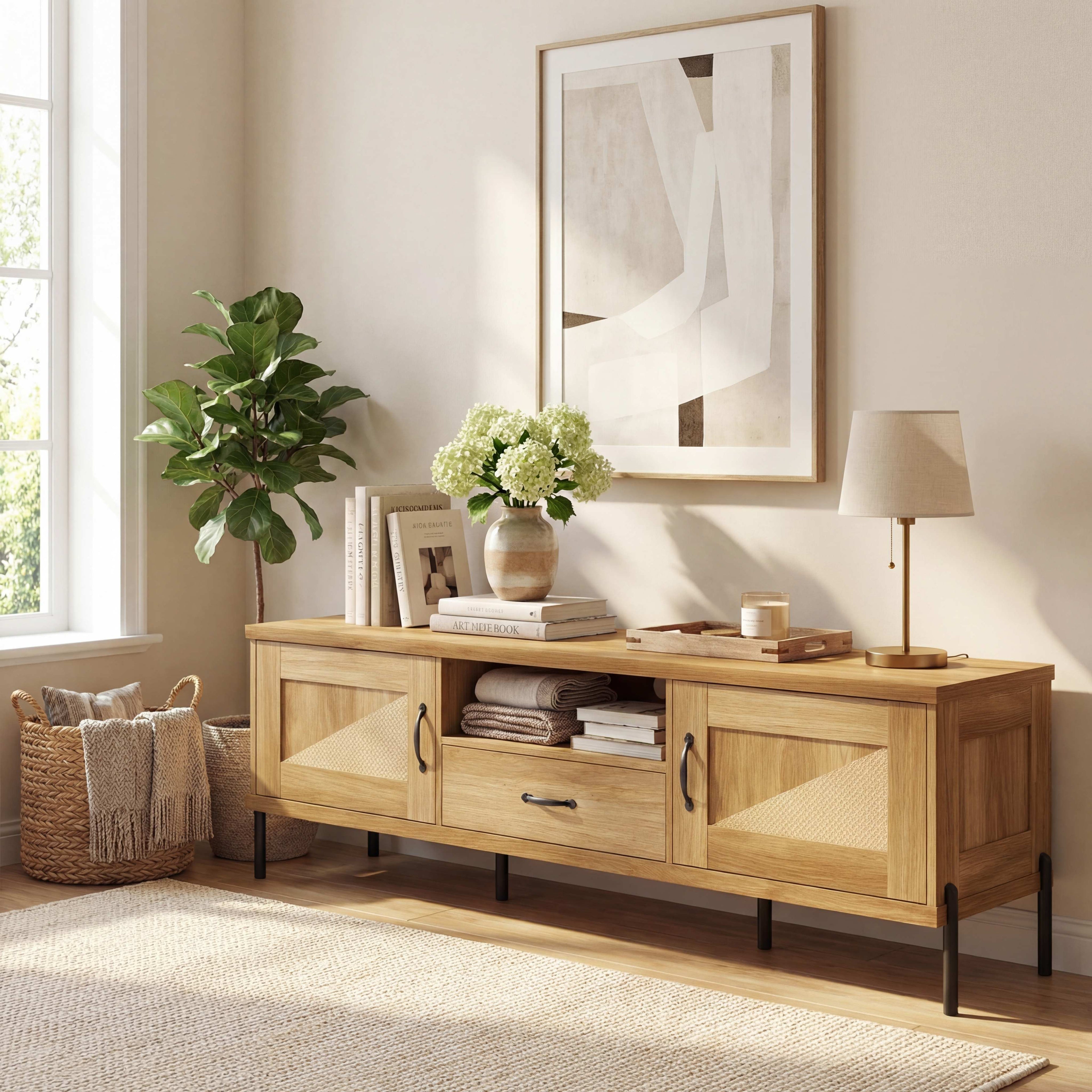 ELLEGNT TV Stand with 2 Cabinets, Open Shelf and Drawer-Rattan Design, Fits up to 80 in TV