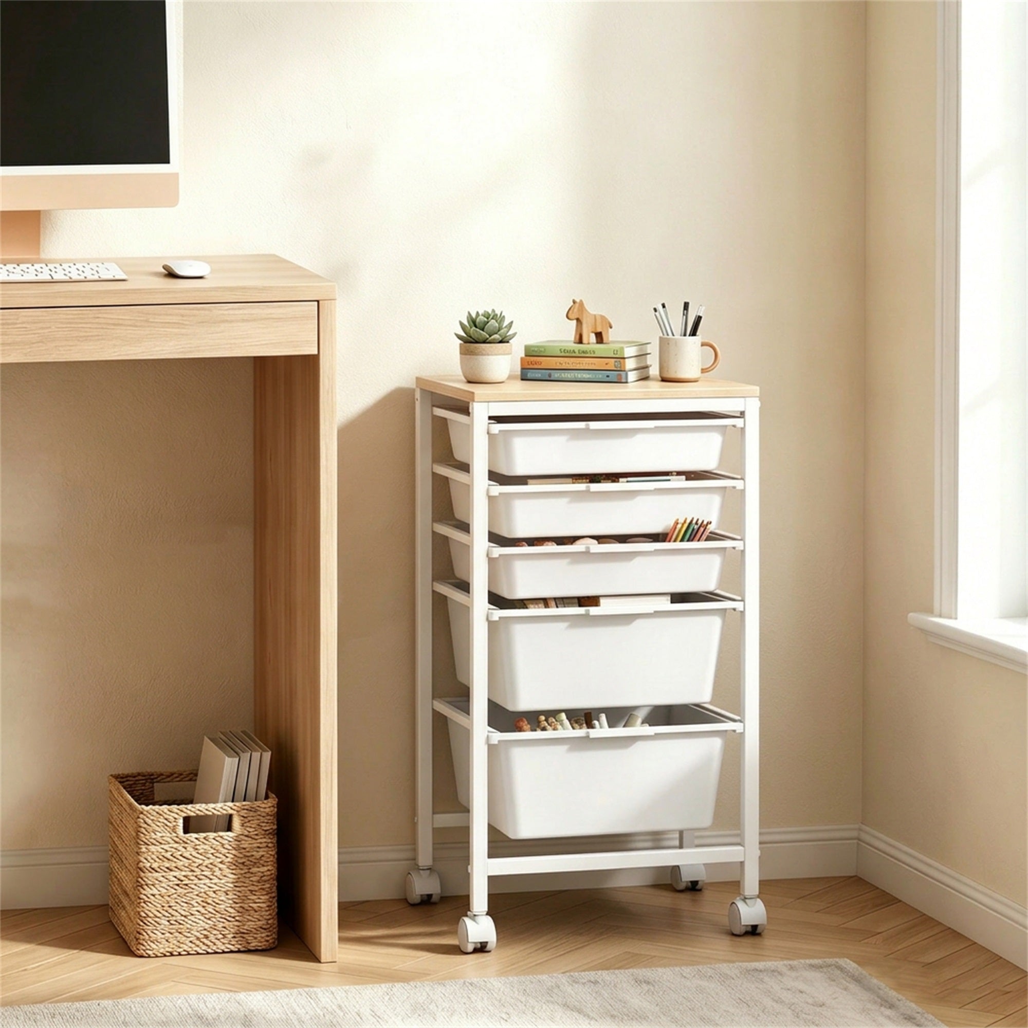 ELLEGNT Wooden Top Rolling Storage Cart-5 Drawers, Lockable Casters, Metal Frame, for Art and Craft, Natural + White