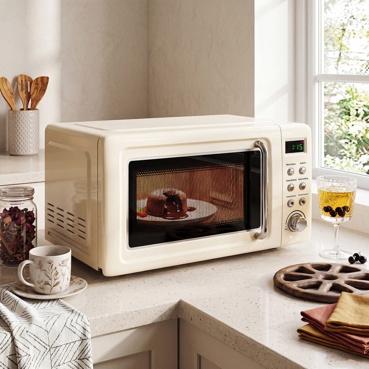 ELLEGNT 0.7 cu.ft. Retro Countertop Microwave Oven, 700W, Beige