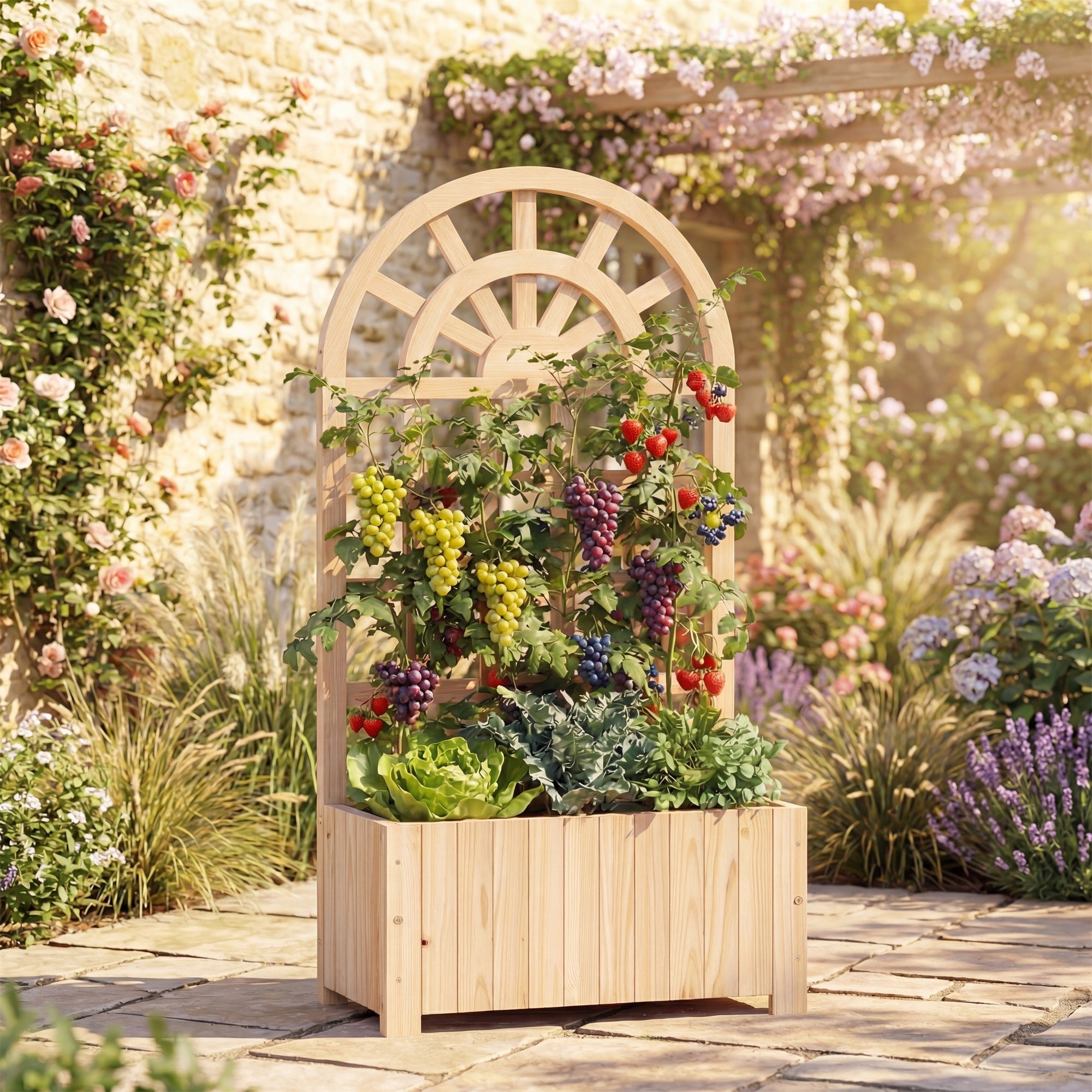 ELLEGNT 1 PCS Wooden Raised Garden Bed with Trellis-48 in Planter Box, Drainage Holes Natural