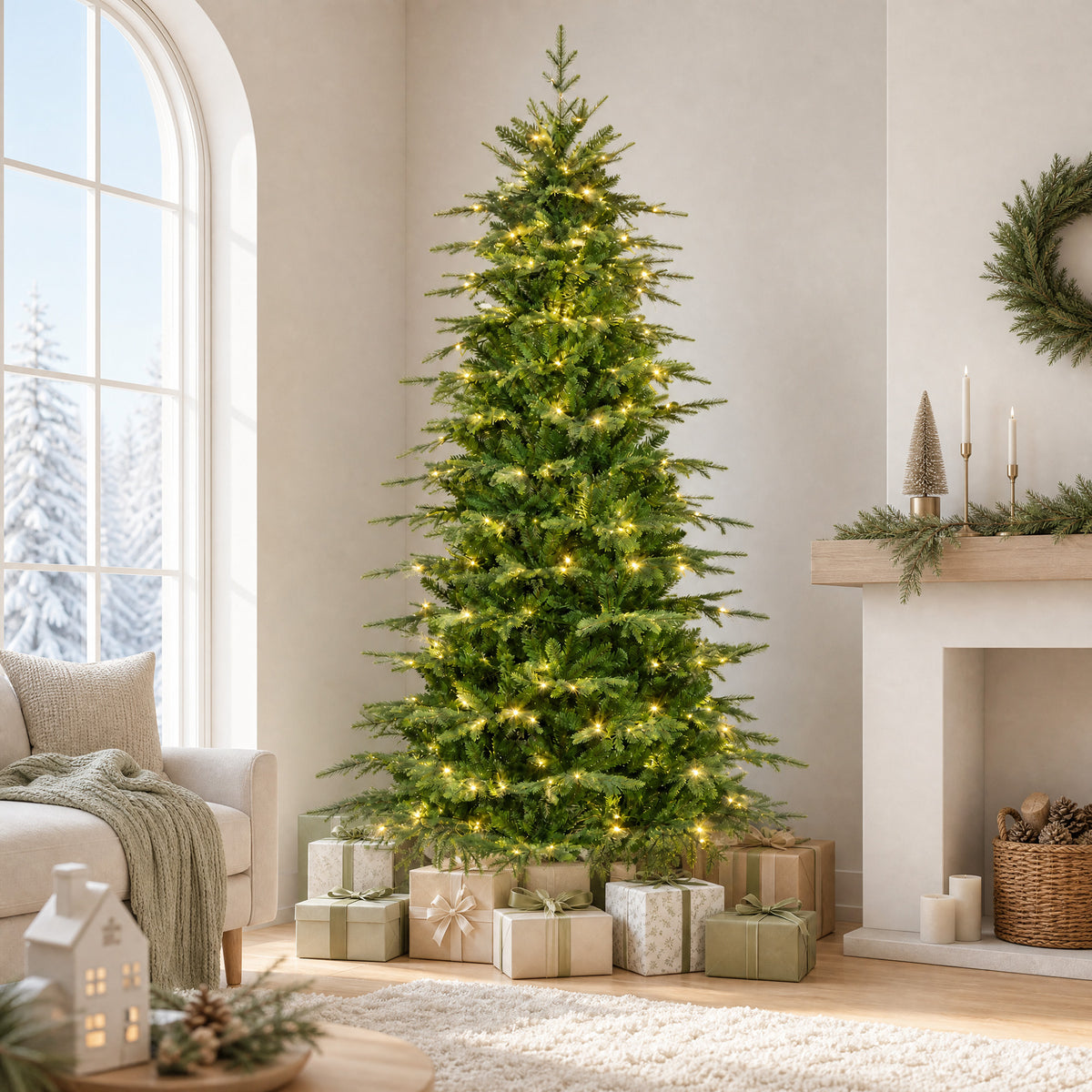 ELLEGNT 7.5 ft Pre-Lit Hinged Artificial Christmas Tree, LED Lights, Remote, Stand