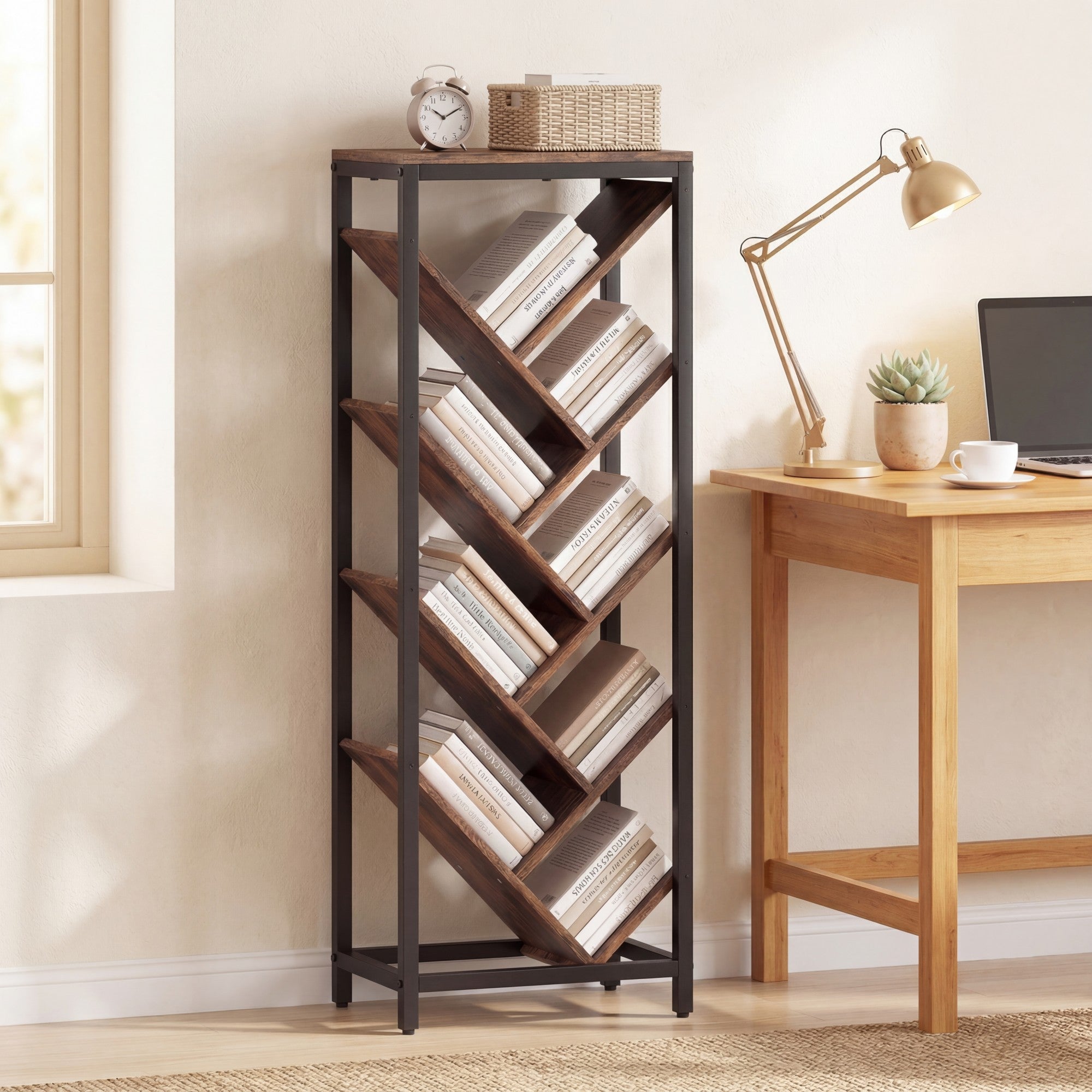 ELLEGNT 9-Tier Narrow Corner Bookshelf-Tree-Shaped Freestanding Display Shelf for Home or Office Rustic Brown + Black