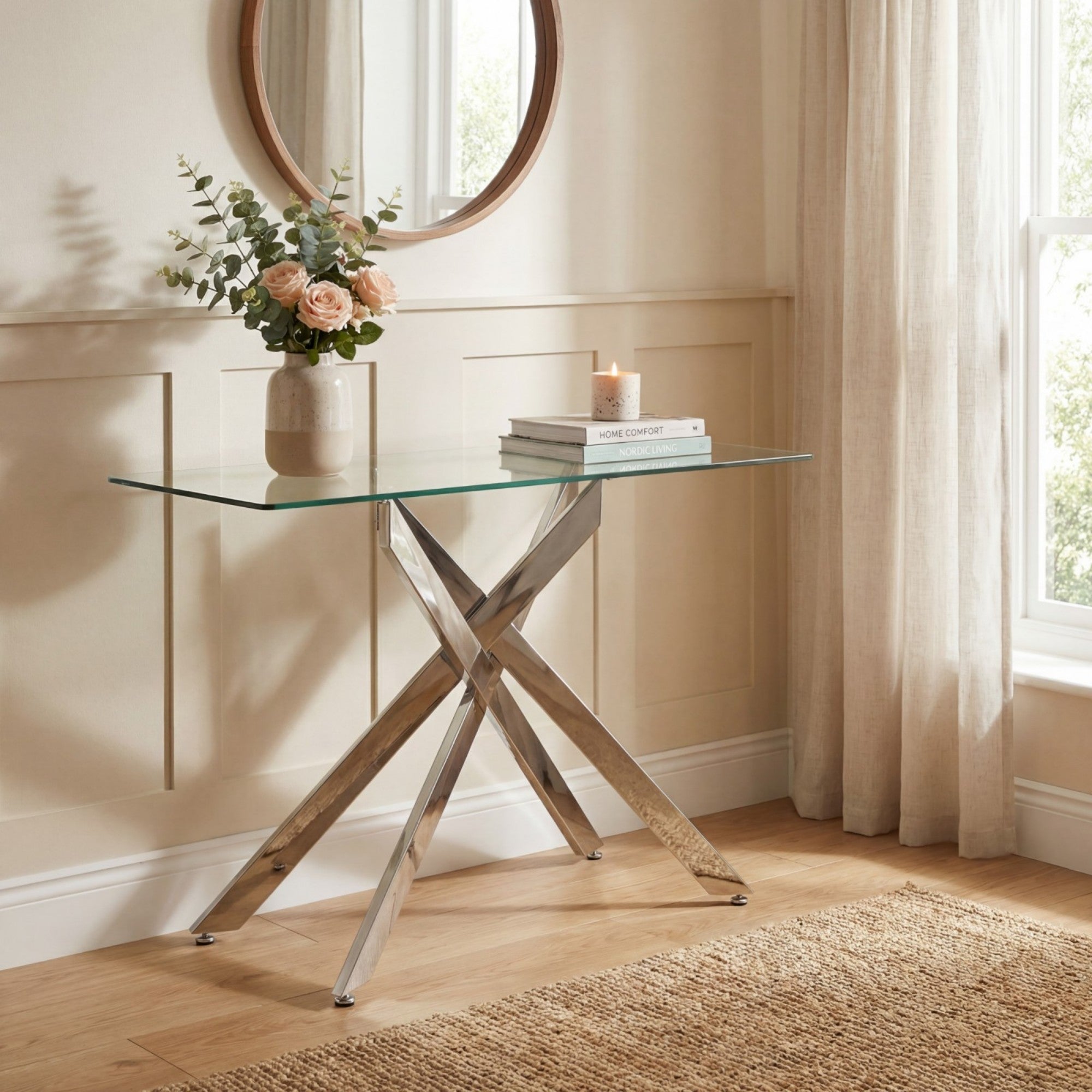 ELLEGNT Clear Glass Console Table-Heavy Duty Metal Legs with Tempered Top