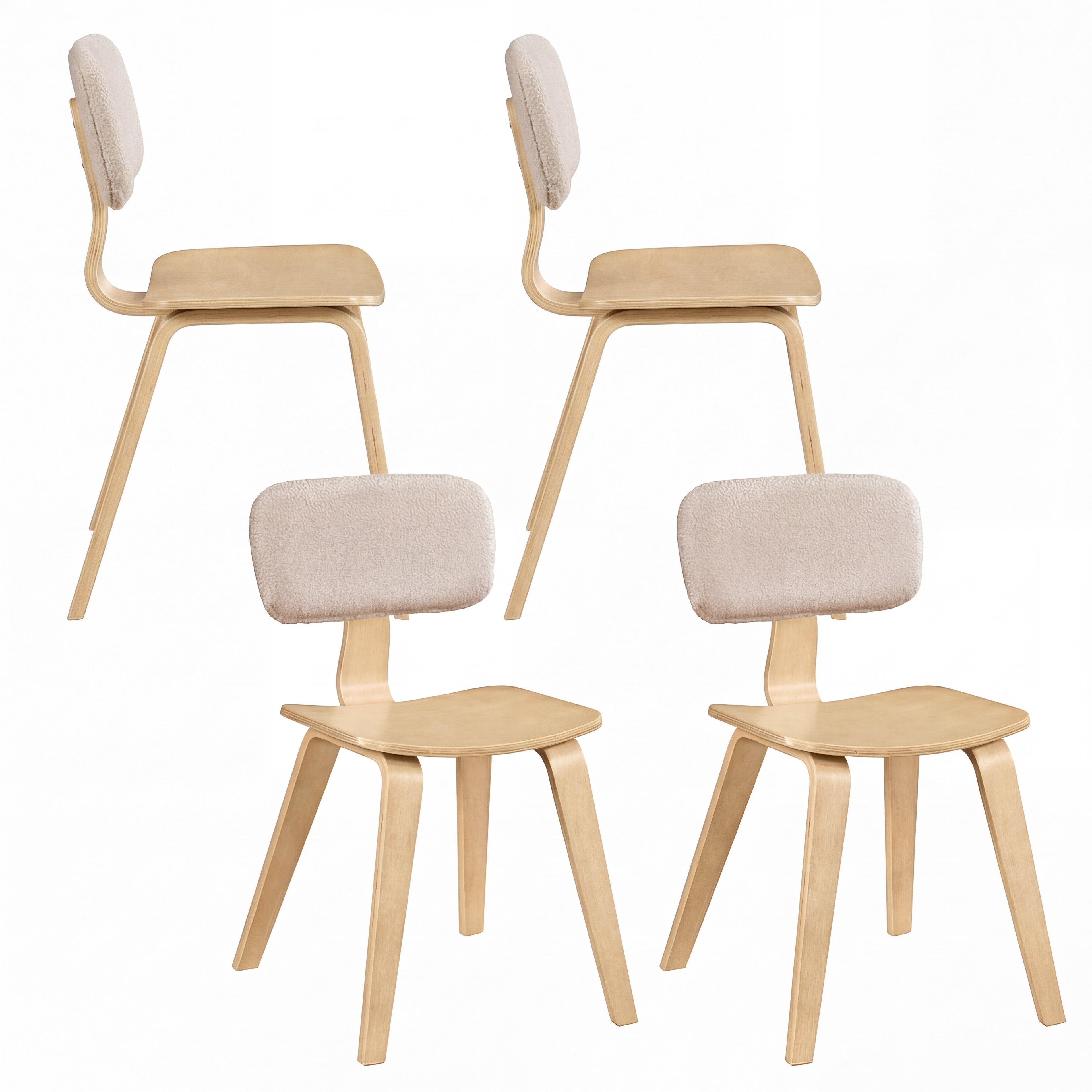 ELLEGNT Set of 4 Teddy Velvet Dining Chairs, with Ergonomic Seat and Padded Backrest for Kitchen Beige and Natural
