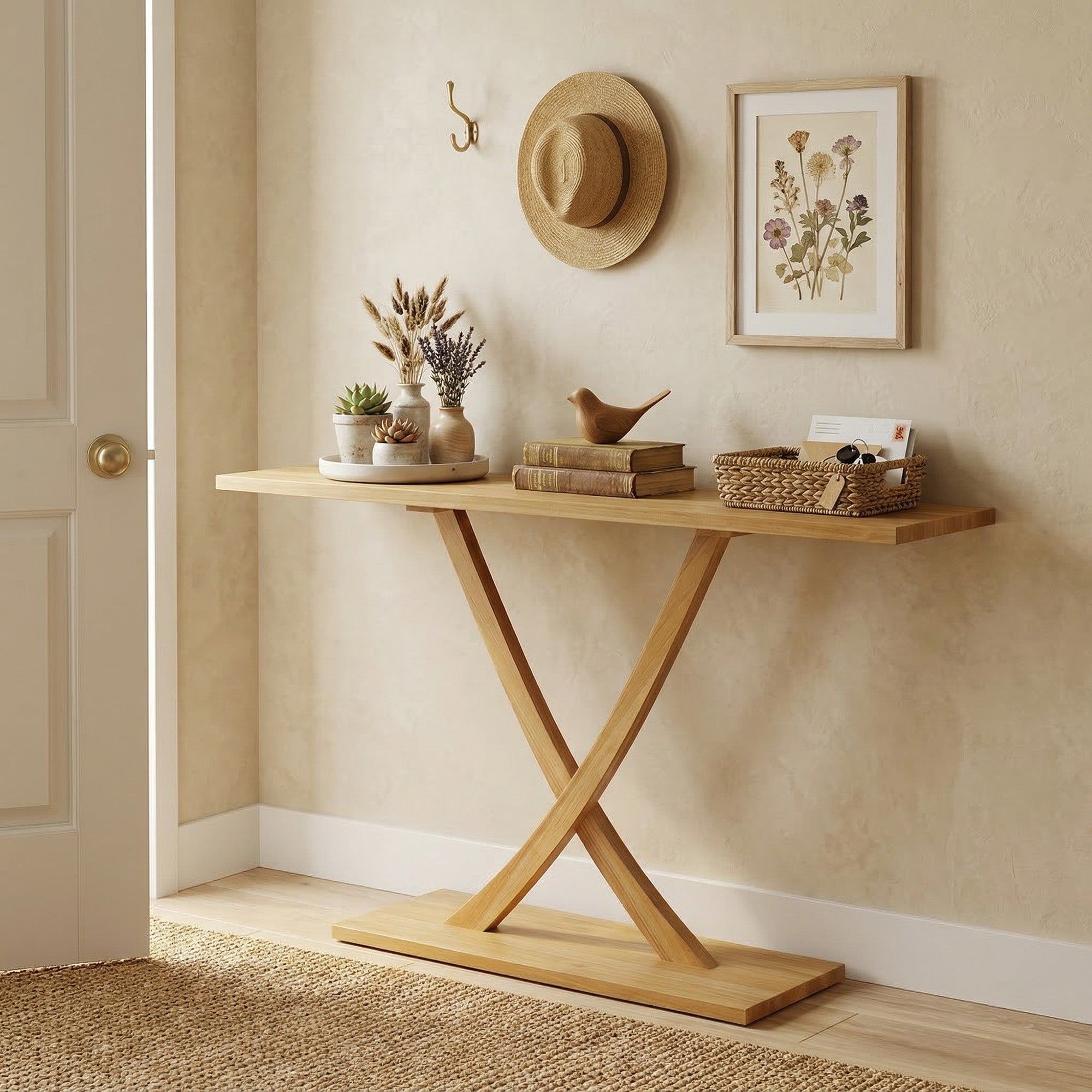 ELLEGNT 57 in Solid Wood Farmhouse Console Table-Narrow Teak Sofa Table for Entryway or Living Room, Natural