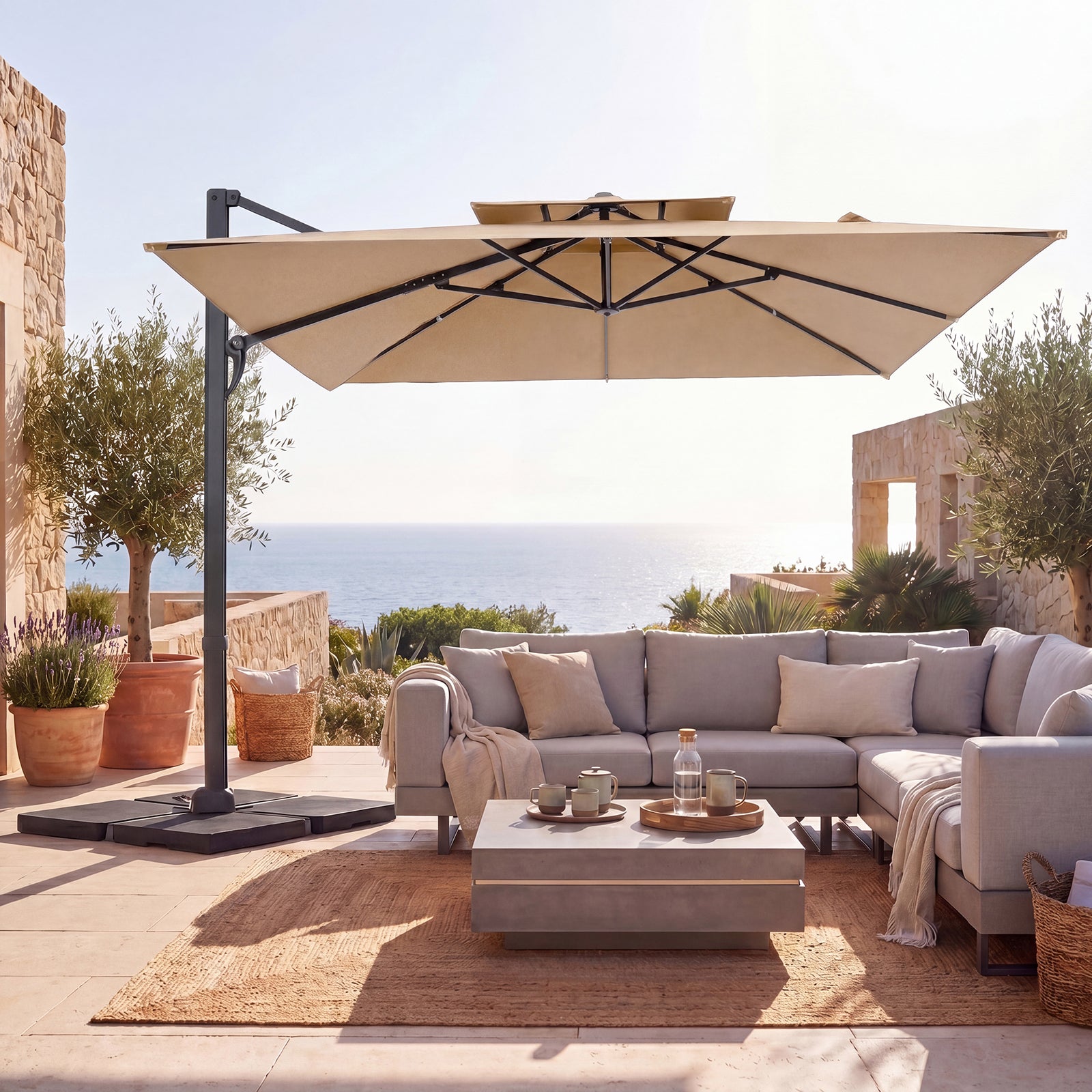 ELLEGNT 10 FT Patio Cantilever Umbrella-Square Offset Hanging, 360¡ã Swivel, Sturdy Ribs, Air Vent, Cross Base, Heavy?Duty Outdoor Shade, Tan
