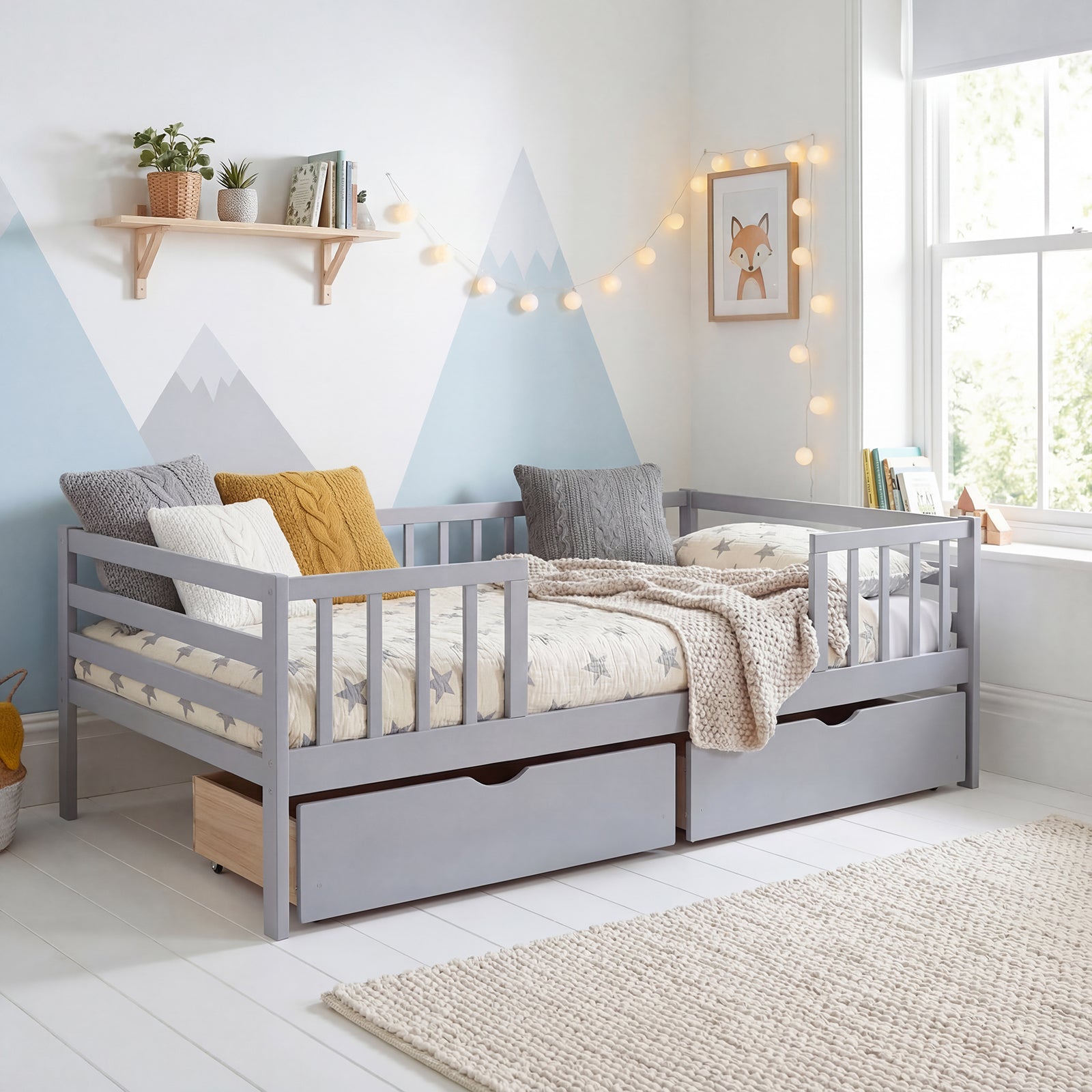 ELLEGNT Full Size Daybed with Fence and 2 Drawers-Bed Frame, Slats Support, Railings, for Bedroom or Daycare Gray