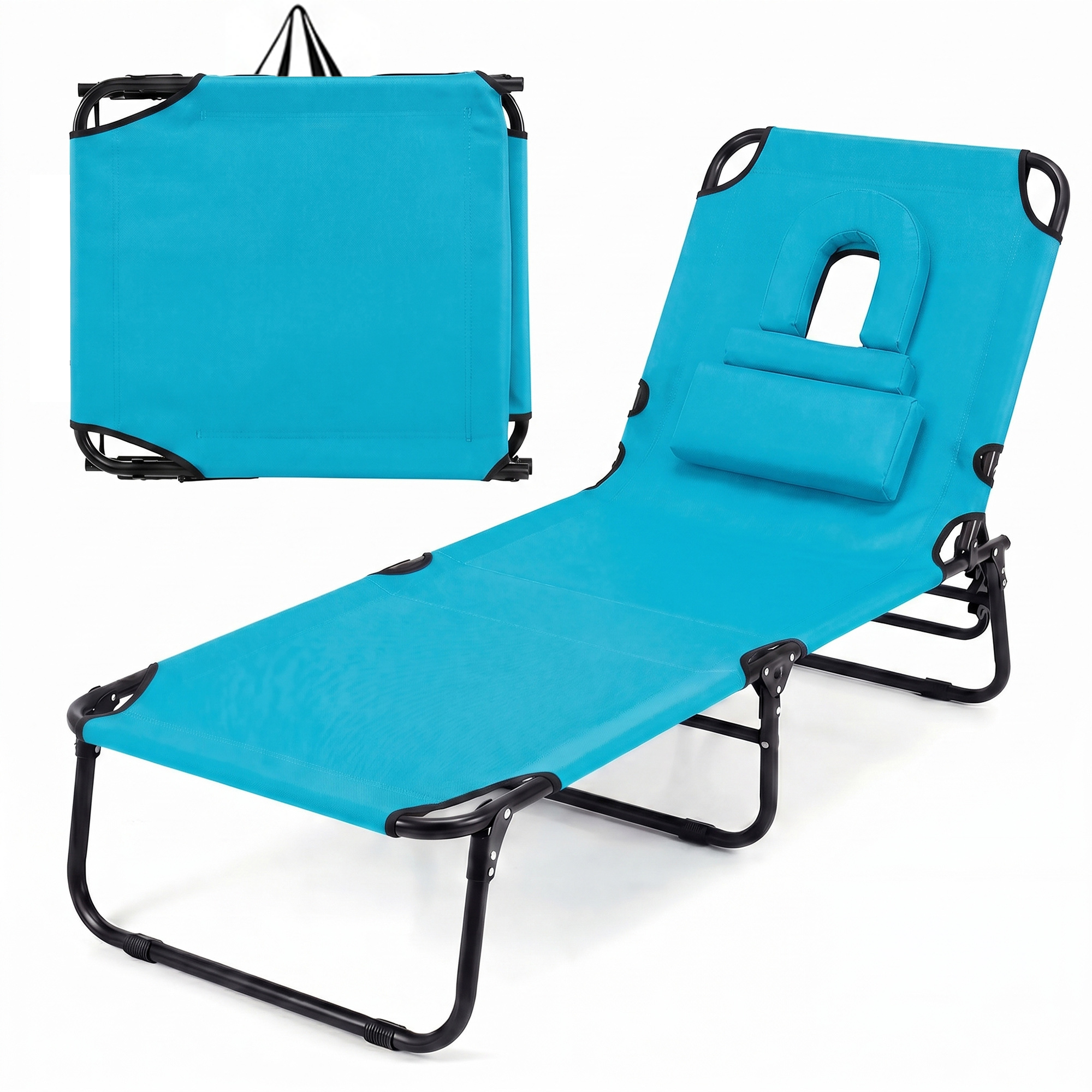 ELLEGNT 1 PCS Beach Lounger with 4?Position Reclining Backrest, Removable Pillows and Face Hole-Folding Design, Turquoise