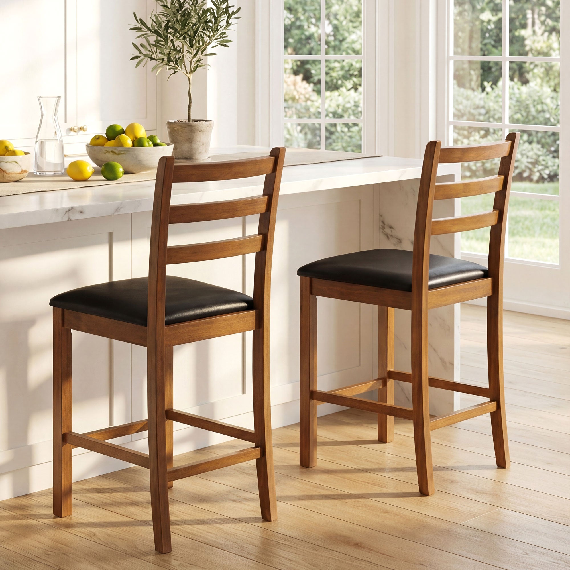 ELLEGNT 2 PCS 24 in Rubber Wood Ladder Back Bar StoolsUphols,tered Seat,Walnut + Black