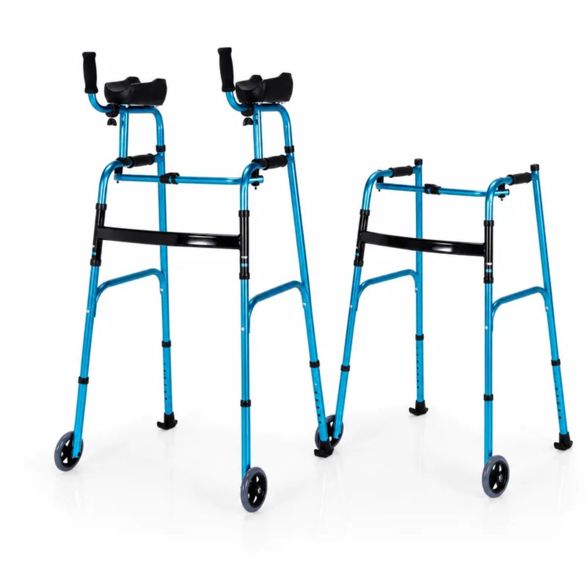 ELLEGNT Foldable Standard Walker with Padded Armrests, Adjustable Stand-Up Aid Walker with 2 Front Wheels, Lightweight Aluminum Walking Frame for Indoor & Outdoor, Nay Blue