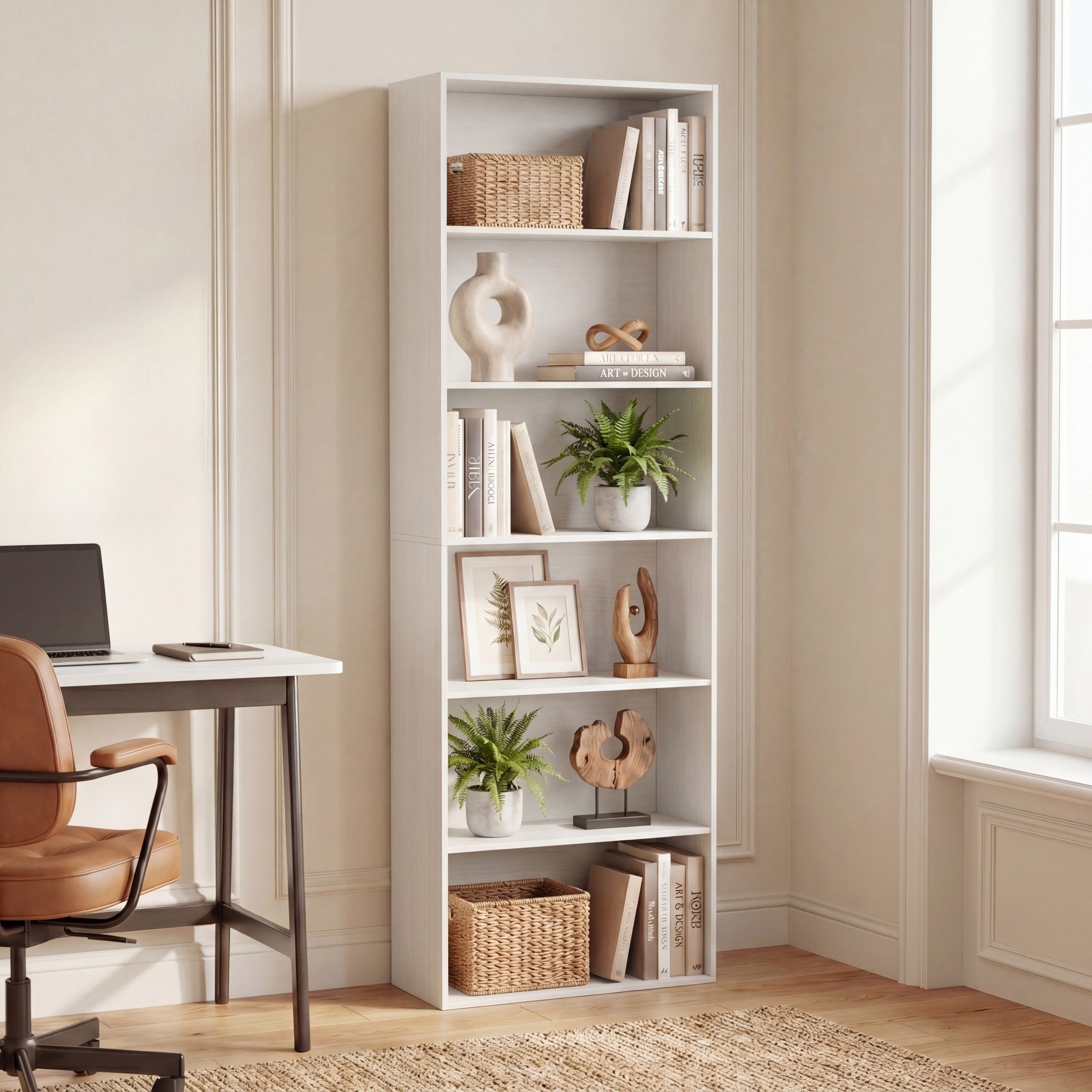 ELLEGNT 1 PCS 6-Tier Open Shelves Bookshelf with Anti-Tipping Kits- Storage Rack for Living Room, Bedroom, Study, White