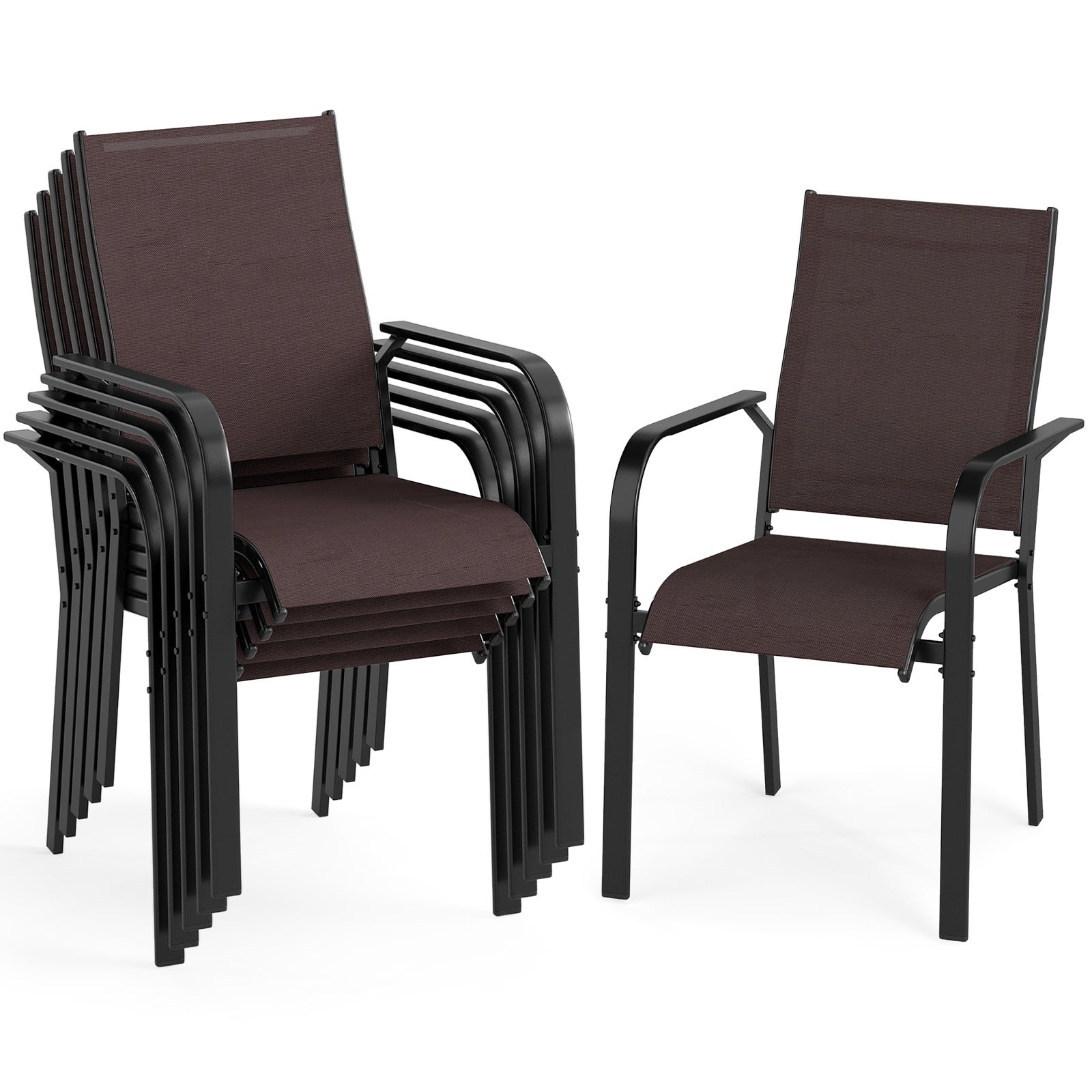ELLEGNT 6 PCS Stackable Patio Armchairs-Outdoor Dining Chairs with Metal Backrest, Coffee