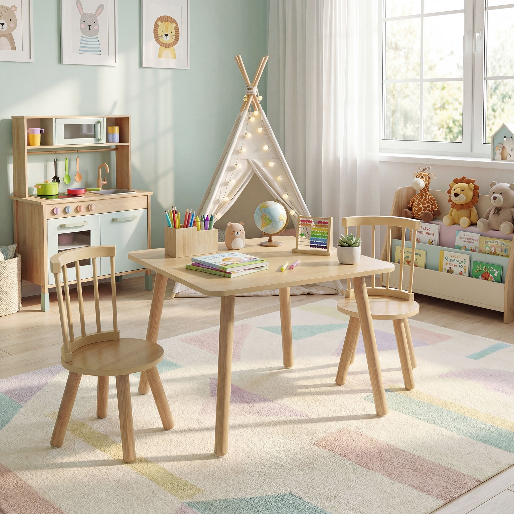 ELLEGNT 3-Piece Toddler Play Furniture-Solid Pine Wood Frame, Curved Backrest, Round Seats for Kids' Room, Natural