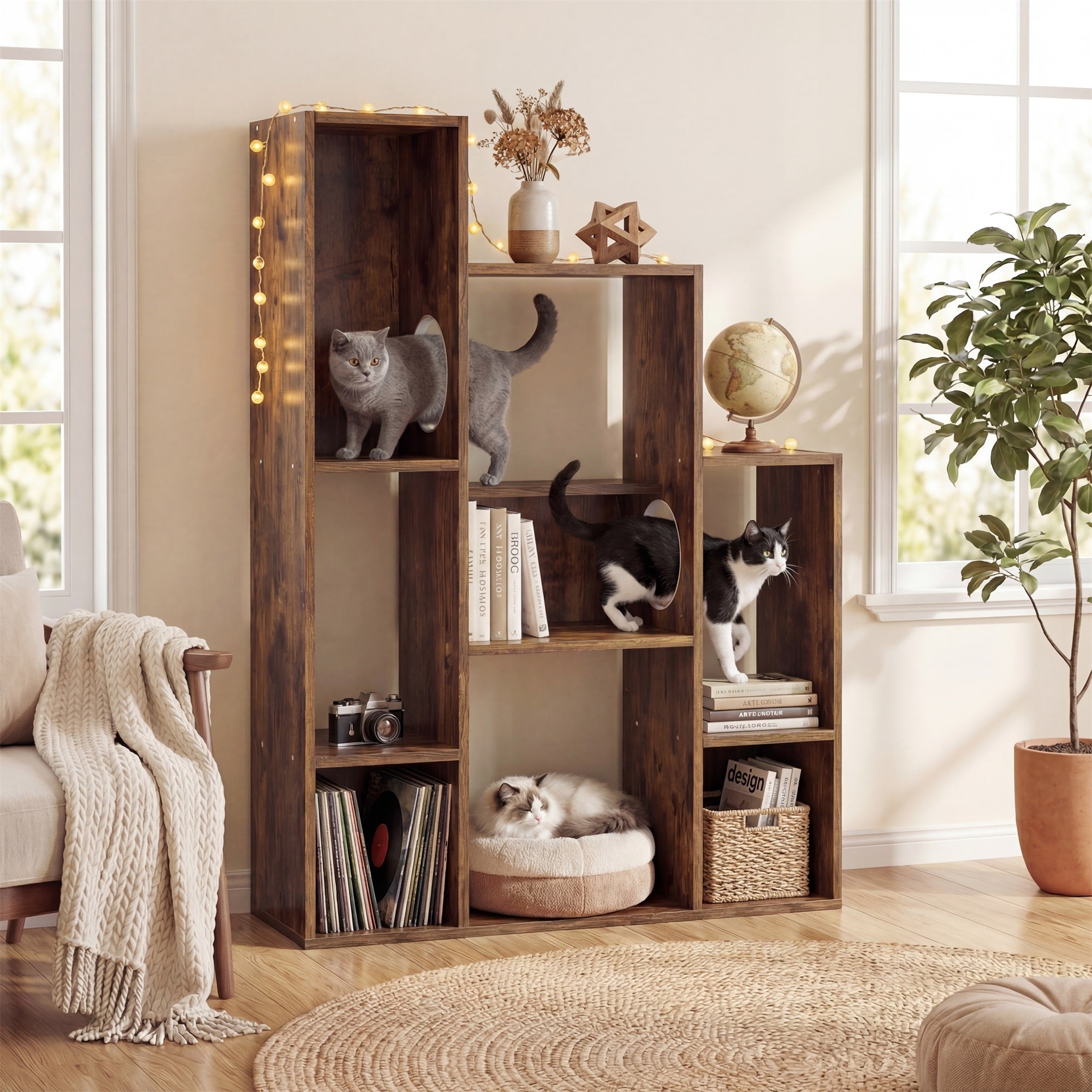 ELLEGNT 8?Shelf Cat Tree Cabinet-Wooden, 2 Cat Holes, Anti?Tipping, Multi?Tier Storage for Living Room, Bedroom, Office, Rustic Brown