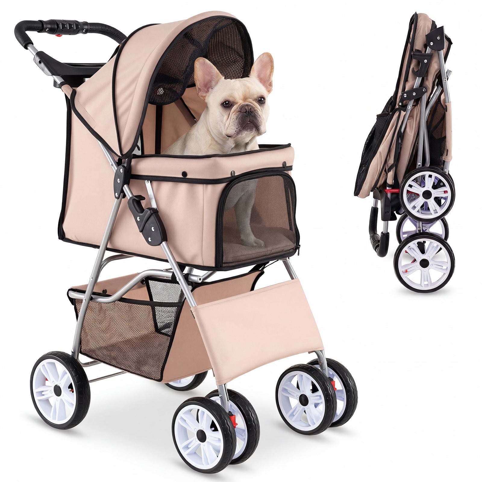 ELLEGNT 4-Wheel Foldable Pet Stroller-Breathable Mesh Dog Cat Stroller up to 33 lbs Beige
