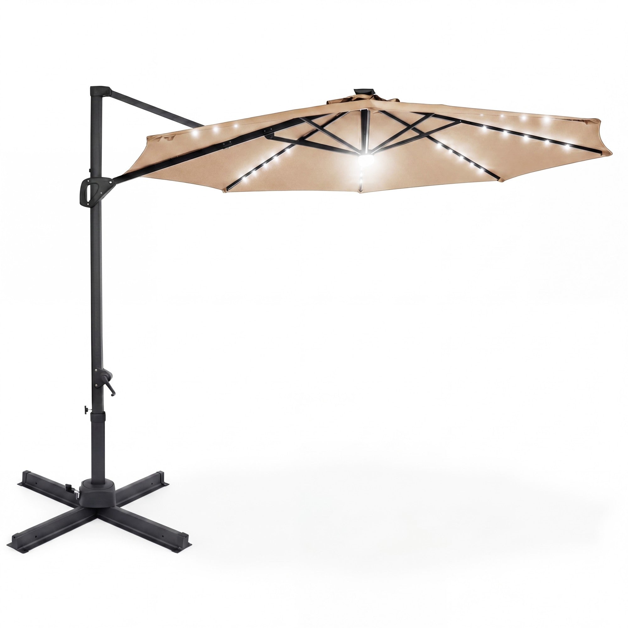 ELLEGNT Solar LED Cantilever Umbrella-10 FT, 360¡ã Swivel, Easy Tilt for Patio or Garden, Tan