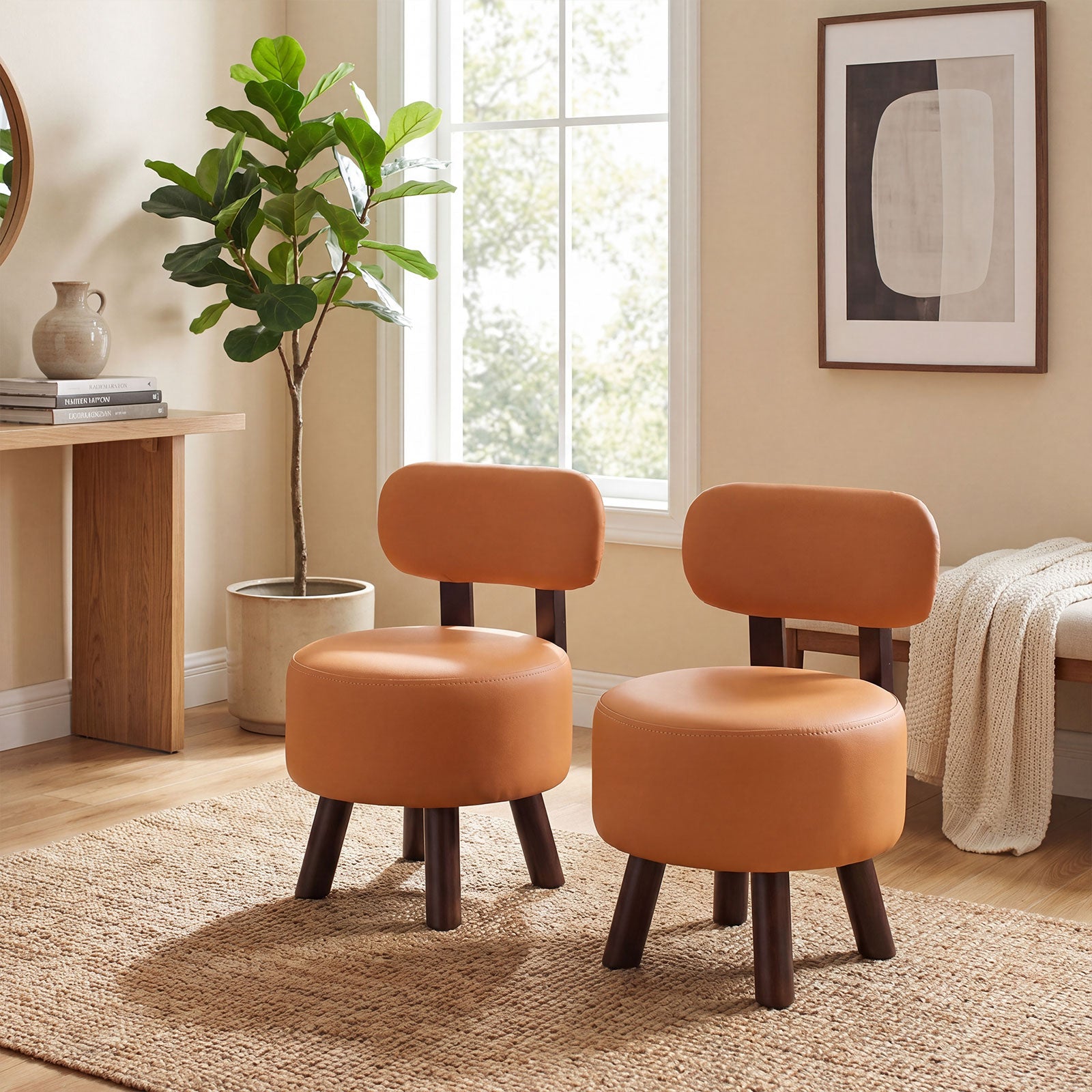 ELLEGNT Footrest Stools Set of 2-with Backrest and Solid Rubber Wood Legs for Bedroom Use, Orange