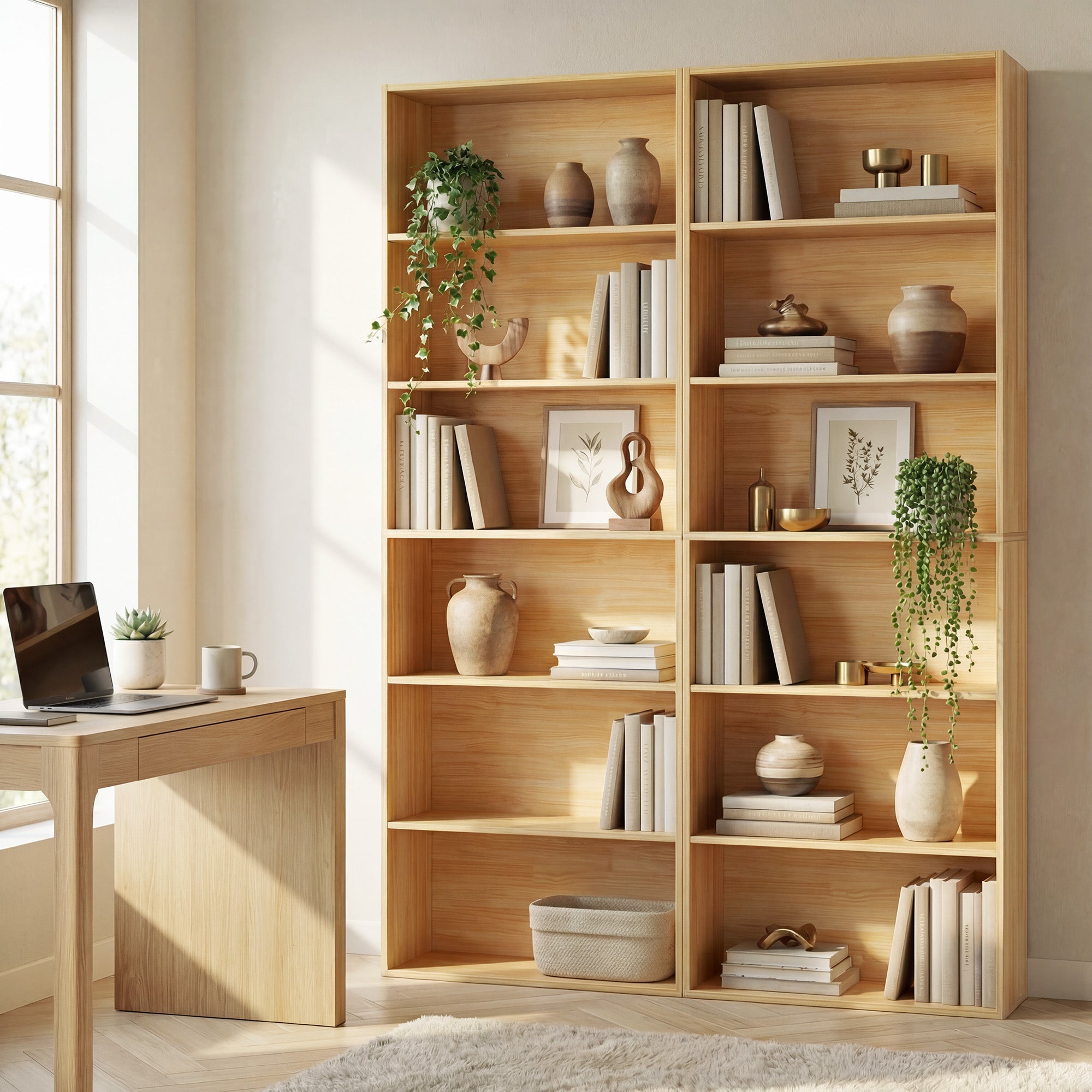 ELLEGNT 2 PCS 6-Tier Open Shelves Bookshelf with Anti-Tipping Kits- Storage Rack for Living Room, Bedroom, Study, Beige