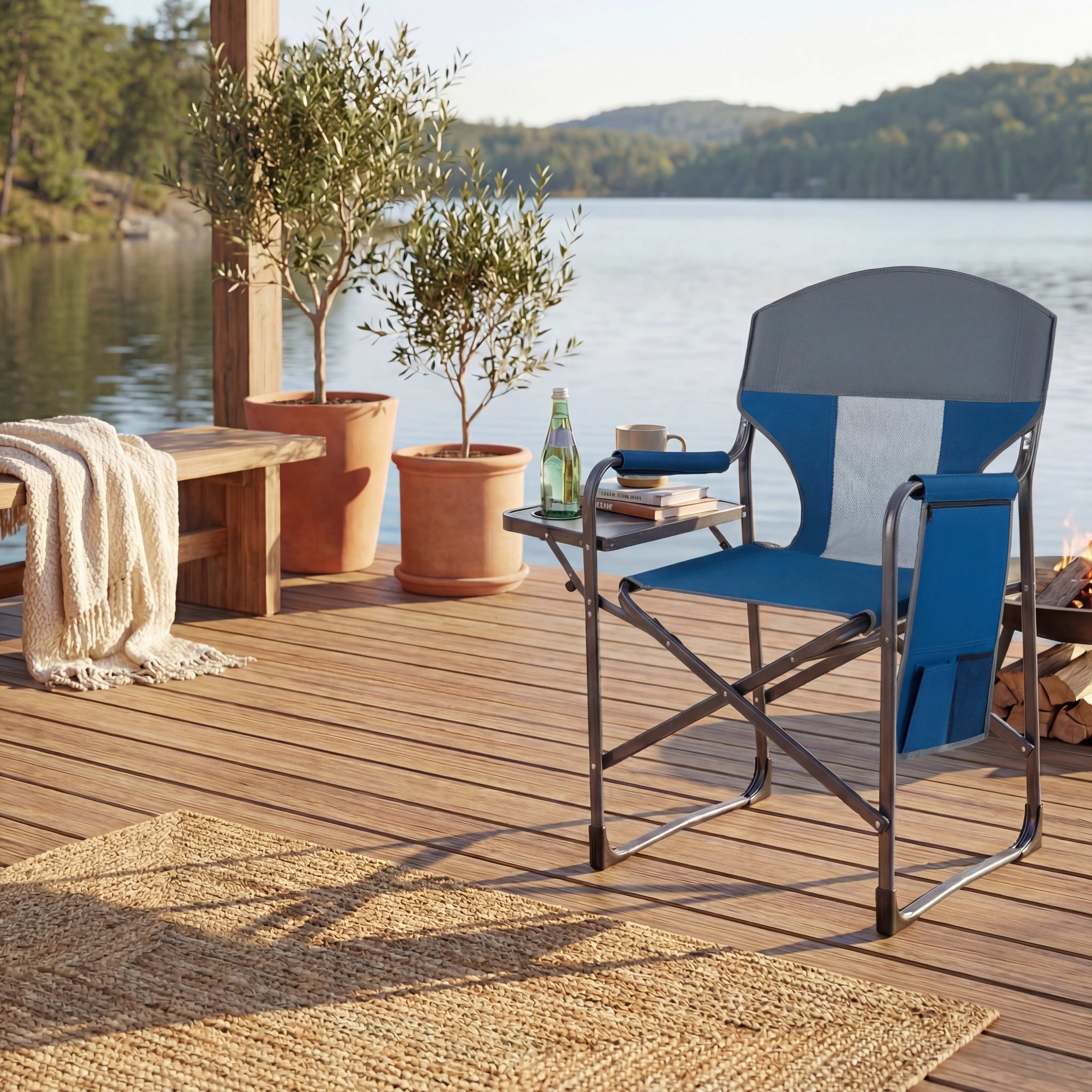 ELLEGNT 1 PCS Heavy Duty Folding Director's Chair-400 lbs Capacity, Padded, Side Table, Cup Holder, Storage Pocket, Navy + Gray