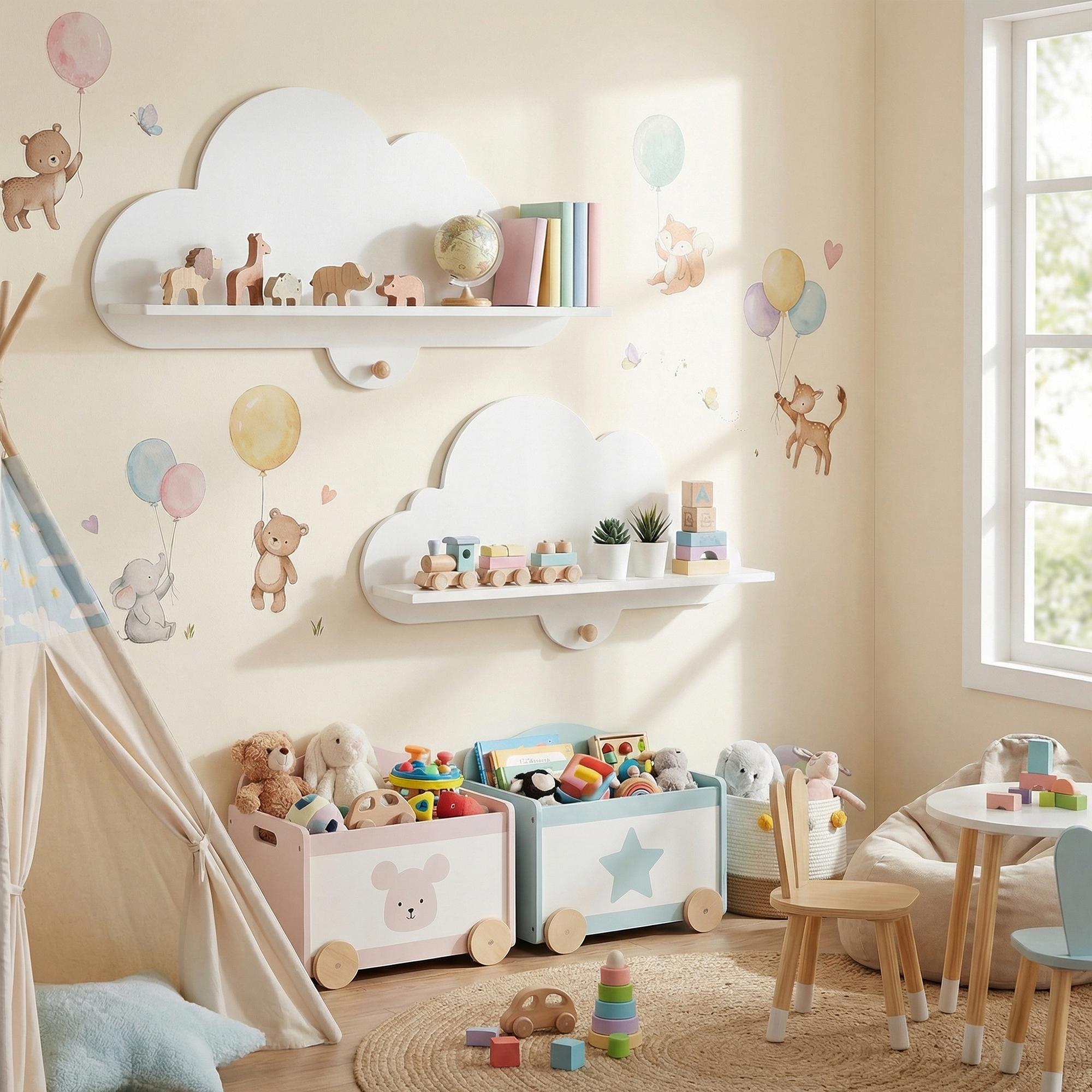 ELLEGNT 2 PCS Cloud Floating Shelves-Cute Corner Bookshelves with Compartments for Nursery White