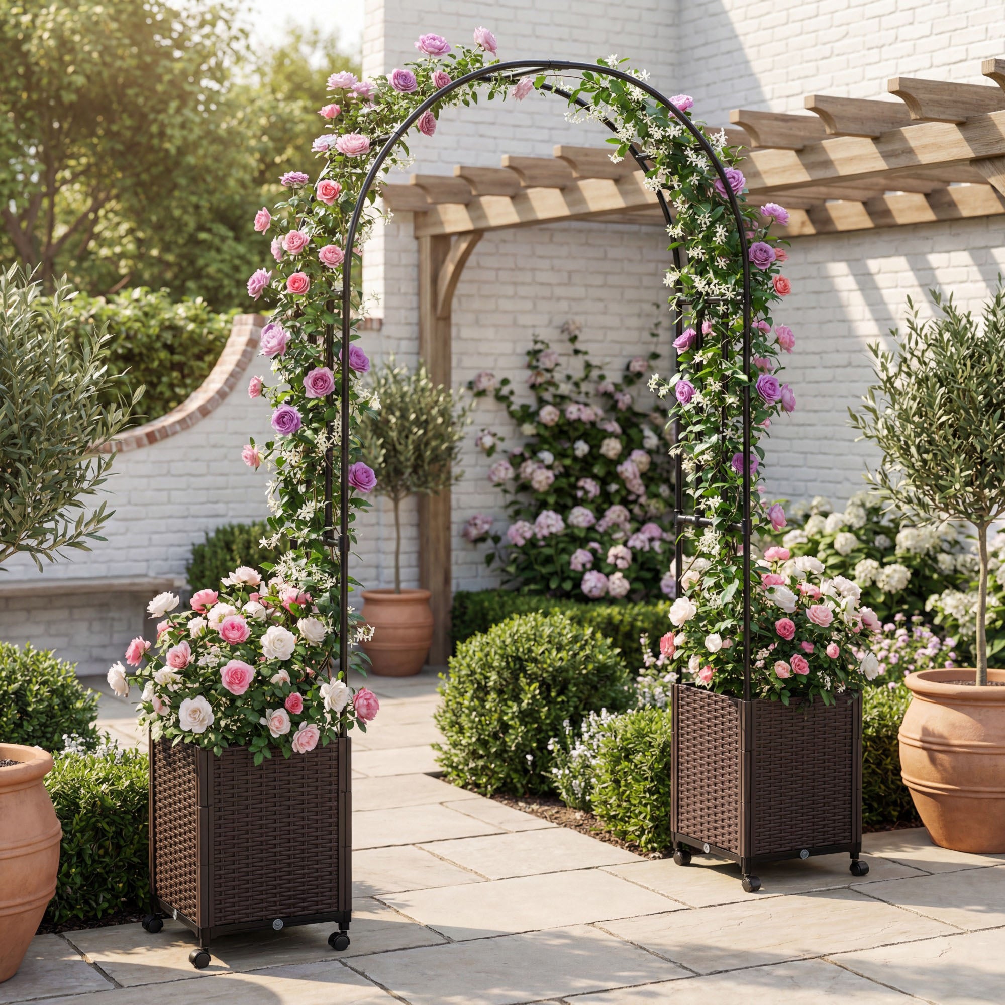 ELLEGNT Mobile Garden Arch Trellis-2 Self-Watering Planter Boxes with Lockable Wheels for Plants