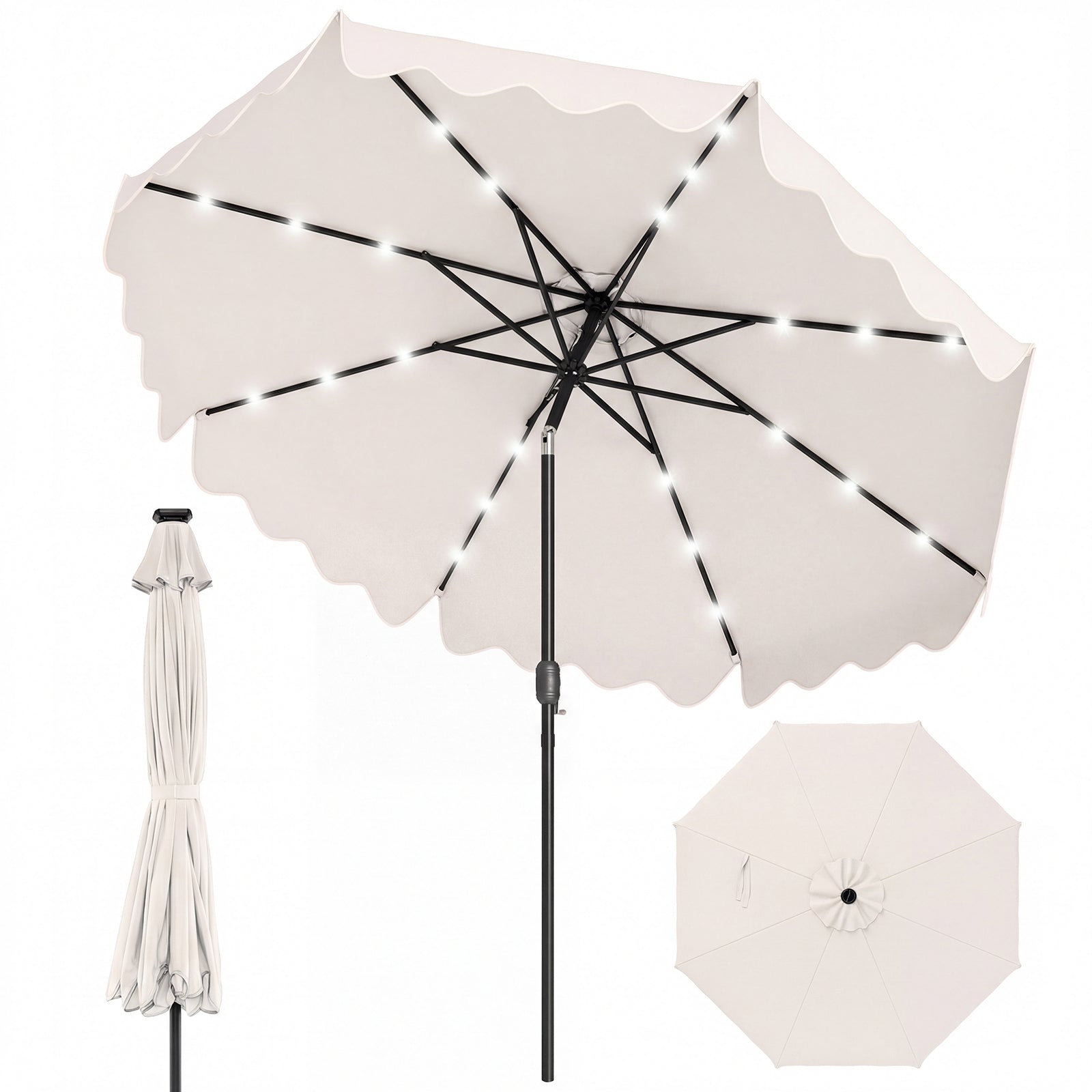 ELLEGNT Solar LED Patio Umbrella-10 FT, 24 Lights, 8 Ribs, Tilt Adjustment, Beige