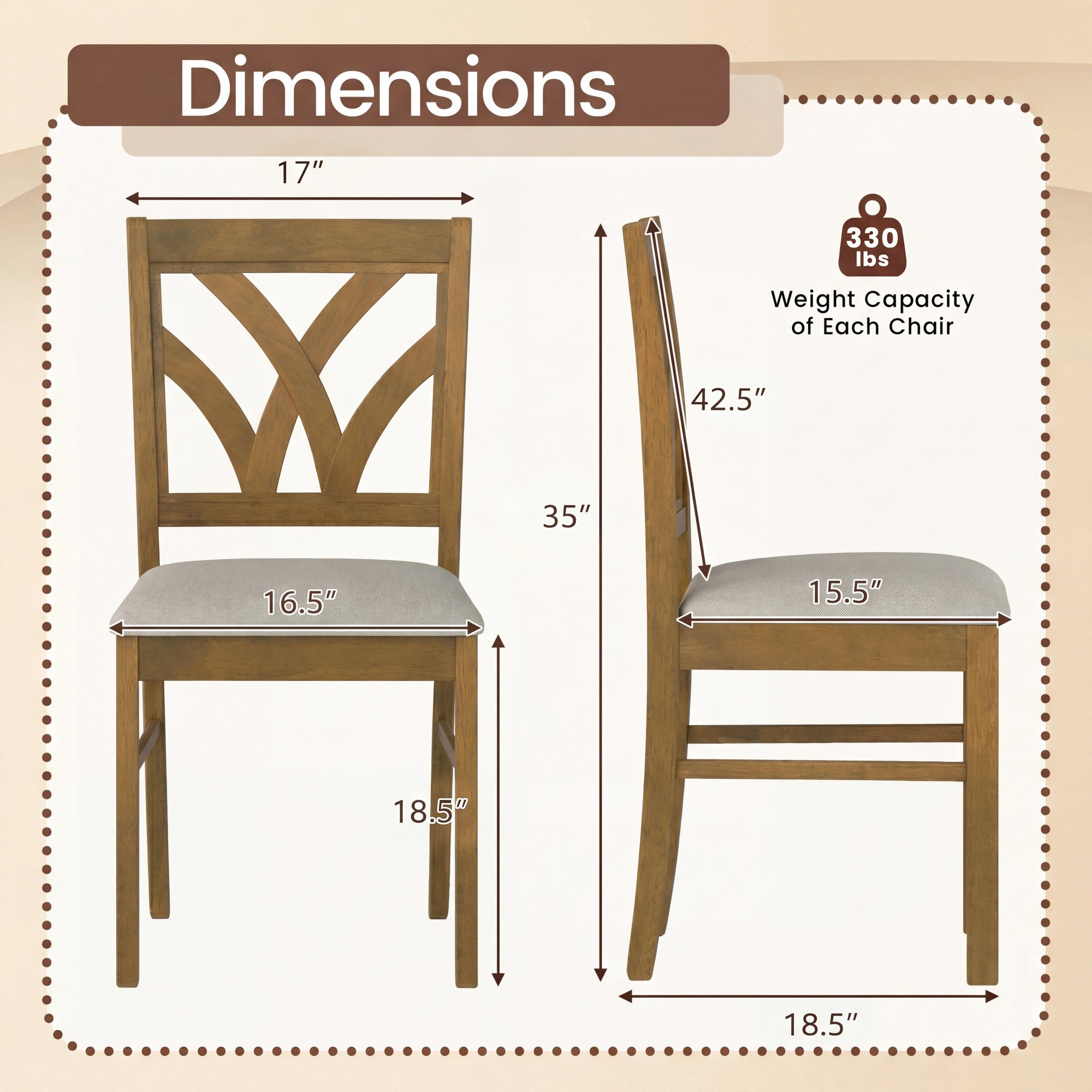 ELLEGNT Set of 4 Wooden Dining Chairs with Hollowed Backrest-Rubber Wood Frame Kitchen Chairs Oak + Light Brown