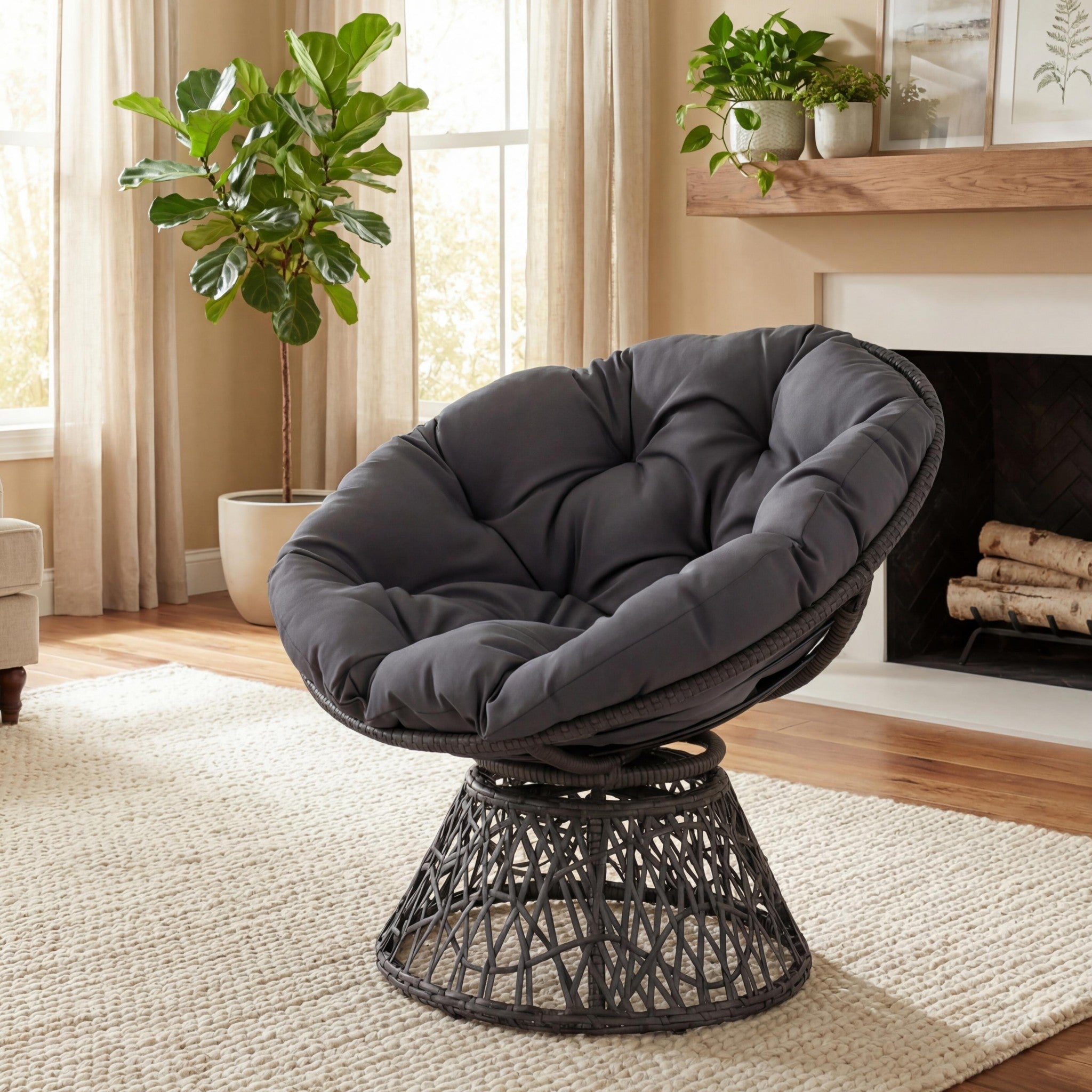 ELLEGNT Rattan Wicker Lounge Chair-Swivel Papasan with Extra?Thick Cushion, Metal Frame for Yard or Balcony, Gray