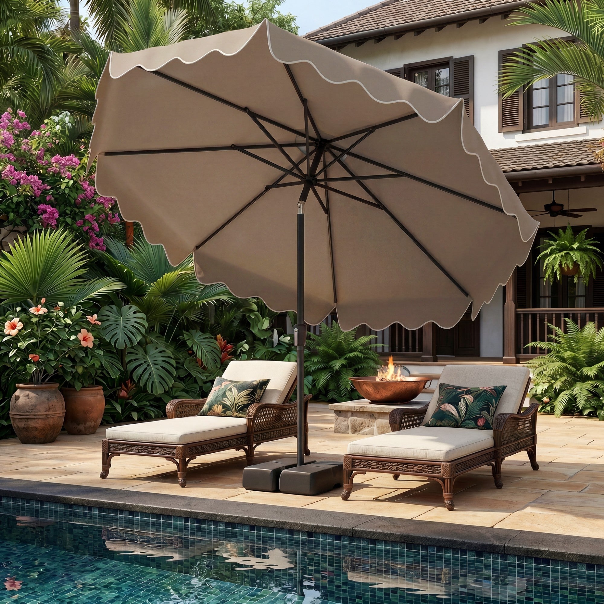 ELLEGNT Push?Button Tilt and Crank 9 FT Patio Umbrella-Weighted Base with Sandbags, Sturdy Ribs, Outdoor Shade, Brown