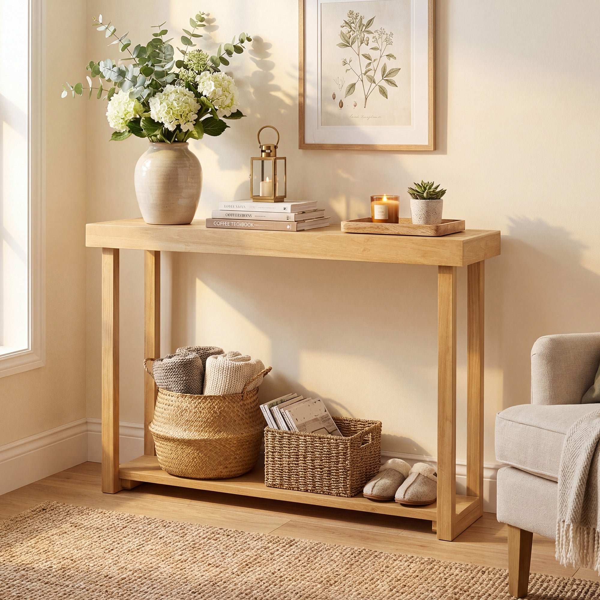 ELLEGNT 46 in Solid Wood Farmhouse Console Table-Narrow 2-Tier Teak Sofa Table, Natural