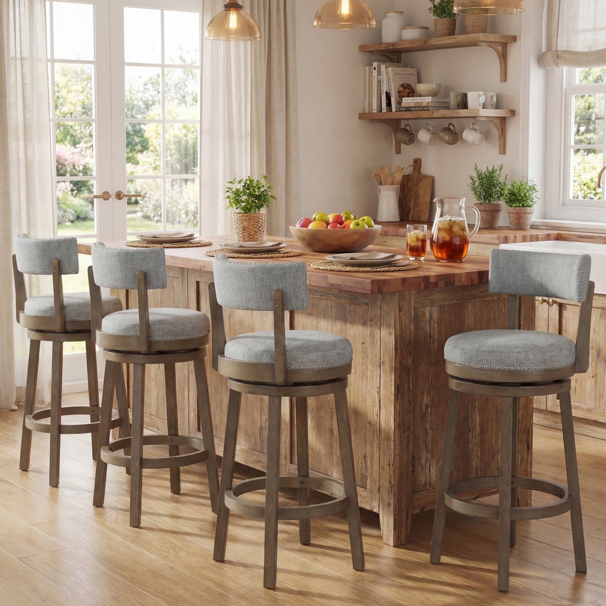 ELLEGNT 4 PCS, 31.5 in Upholstered Swivel Bar Stool with Back-Wooden Counter Height Kitchen Chair, Gray