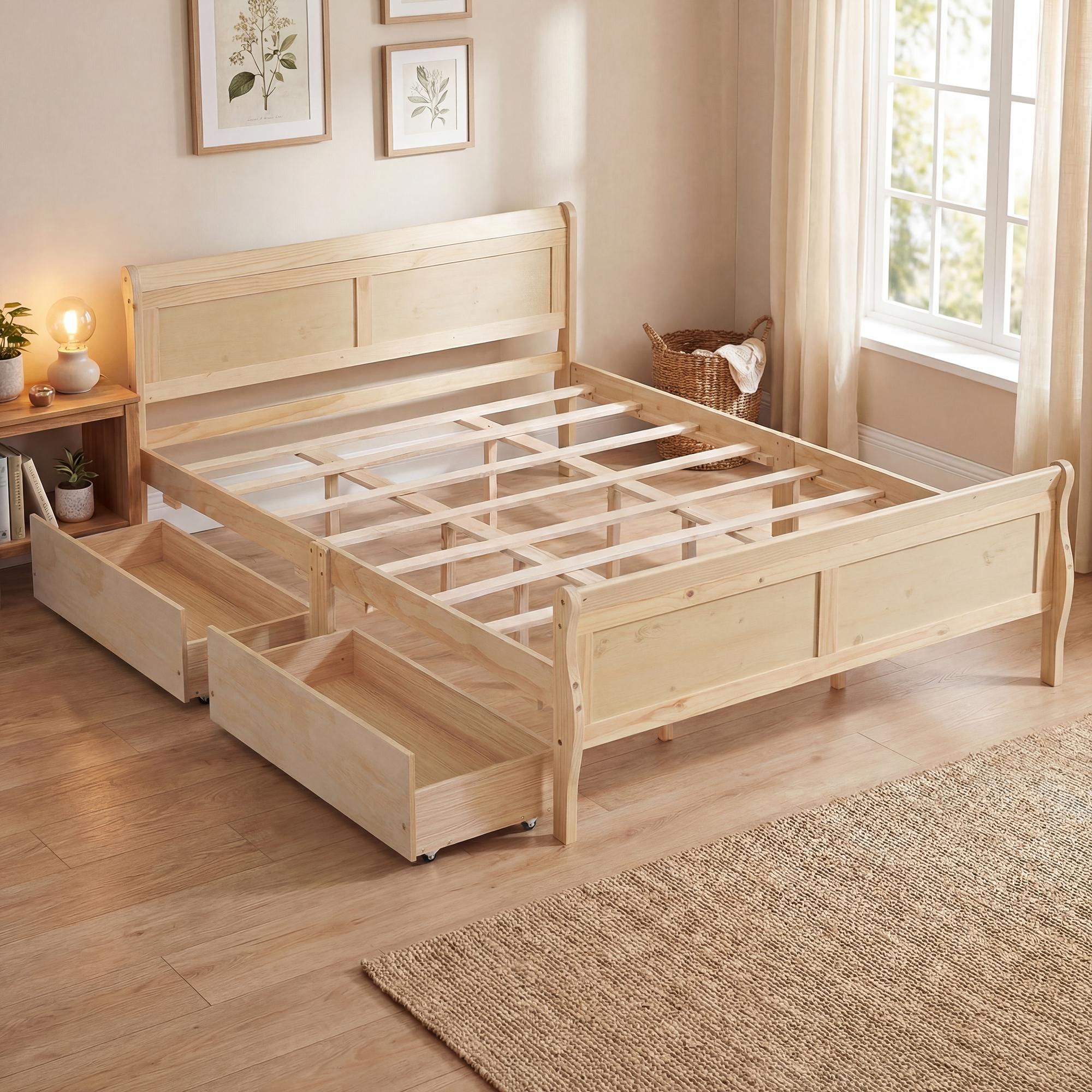 ELLEGNT Wooden Storage Bed-Queen Size Platform Bed Frame with Headboard, Footboard and Drawers Natural