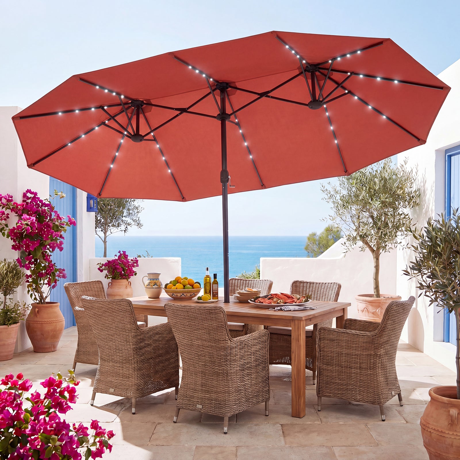 ELLEGNT Solar LED Double?Sided Patio Umbrella-15FT, Crank and Base Included, Orange