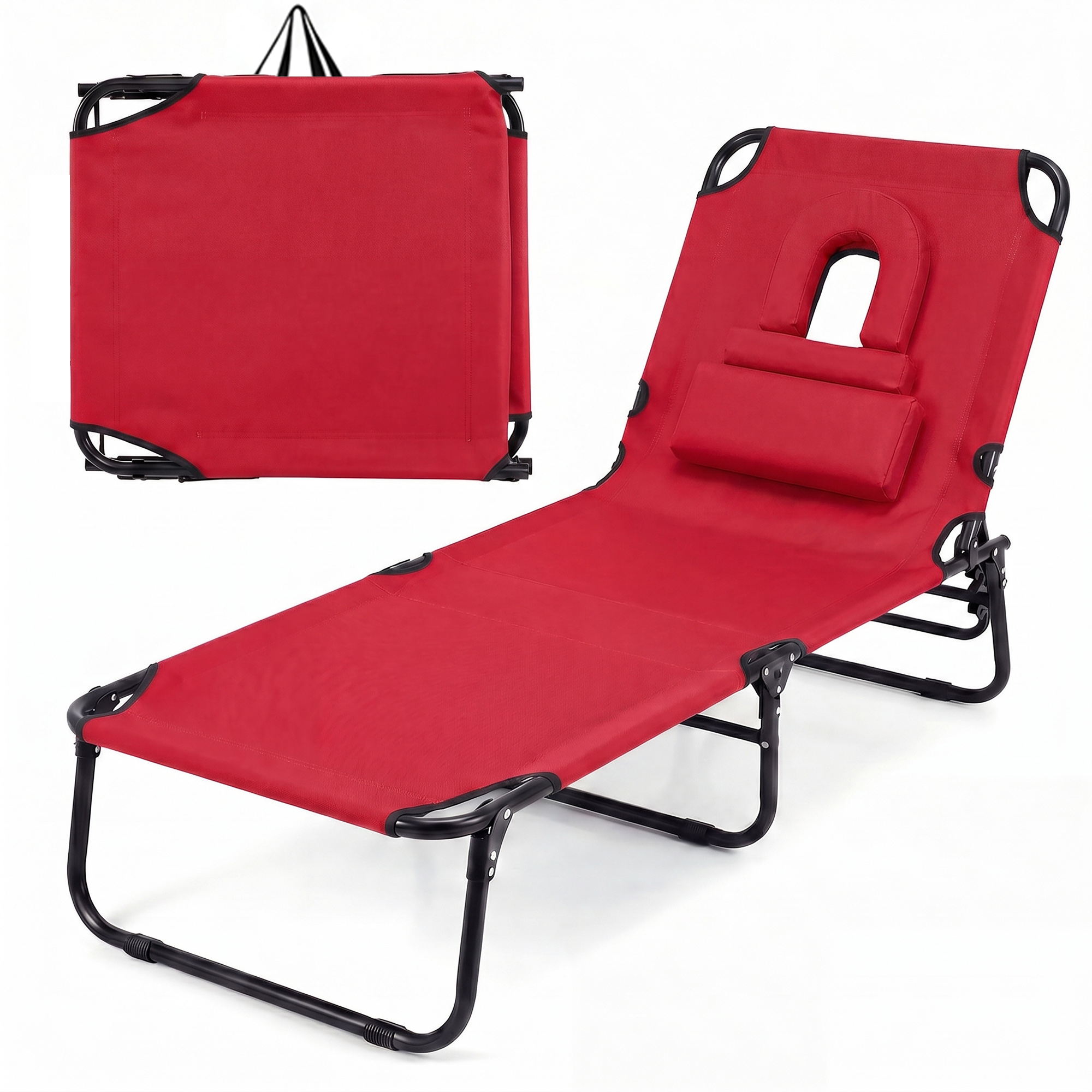 ELLEGNT 1 PCS Beach Lounger with 4?Position Reclining Backrest, Removable Pillows and Face Hole-Folding Design, Red